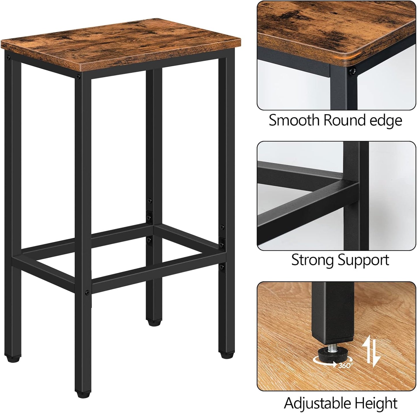 Bar Stools, Set of 2 Bar Chairs, Kitchen Breakfast Bar Stools with Footrest, 25.8" Dining Stools, Rectangular Industrial Bar Chairs, for Dining Room, Kitchen,Rustic Brown BAHR0101Z