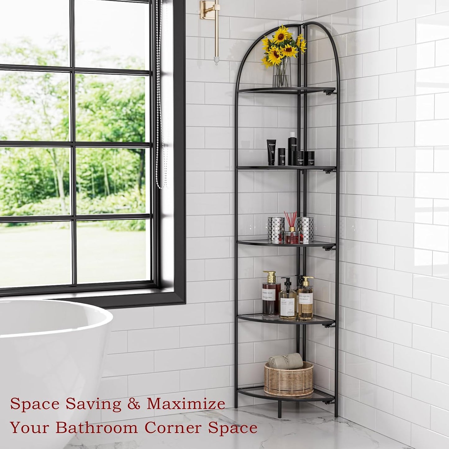 Crofy Foldable 5 Tier Corner Shelf, Metal Corner Plant Stand with Black Frame and Transparent Shelves, Corner Display Rack Multipurpose Shelving Unit for Living Room, Bedroom, Bathroom