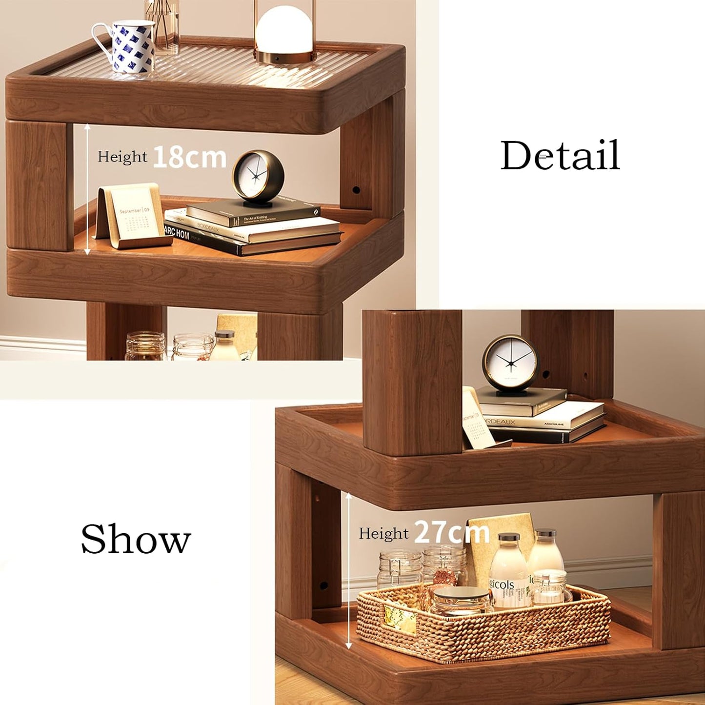 Solid Wood Nightstand,End Tables Bedroom Small Shelf Modern Nightstand Wood Side Table (Walnut Brown-21.3 * 13.8 * 13.8)