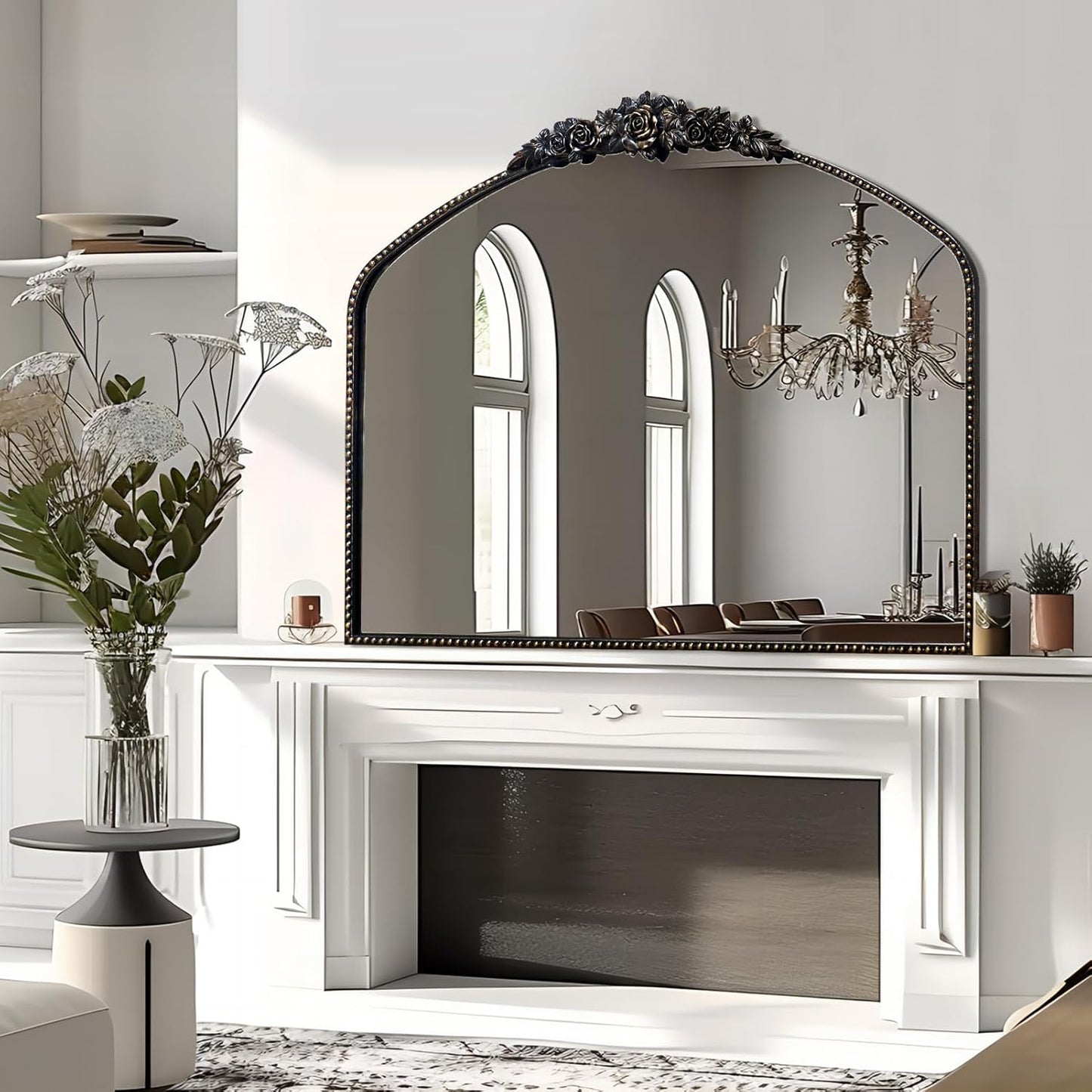 Black Brushed Gold Antique Mirror, 40"x31", Traditional Vintage Mirror with Ornate Metal Frame, Baroque Style for Fireplace, Entryway, Bathroom, Living Room, Hallway