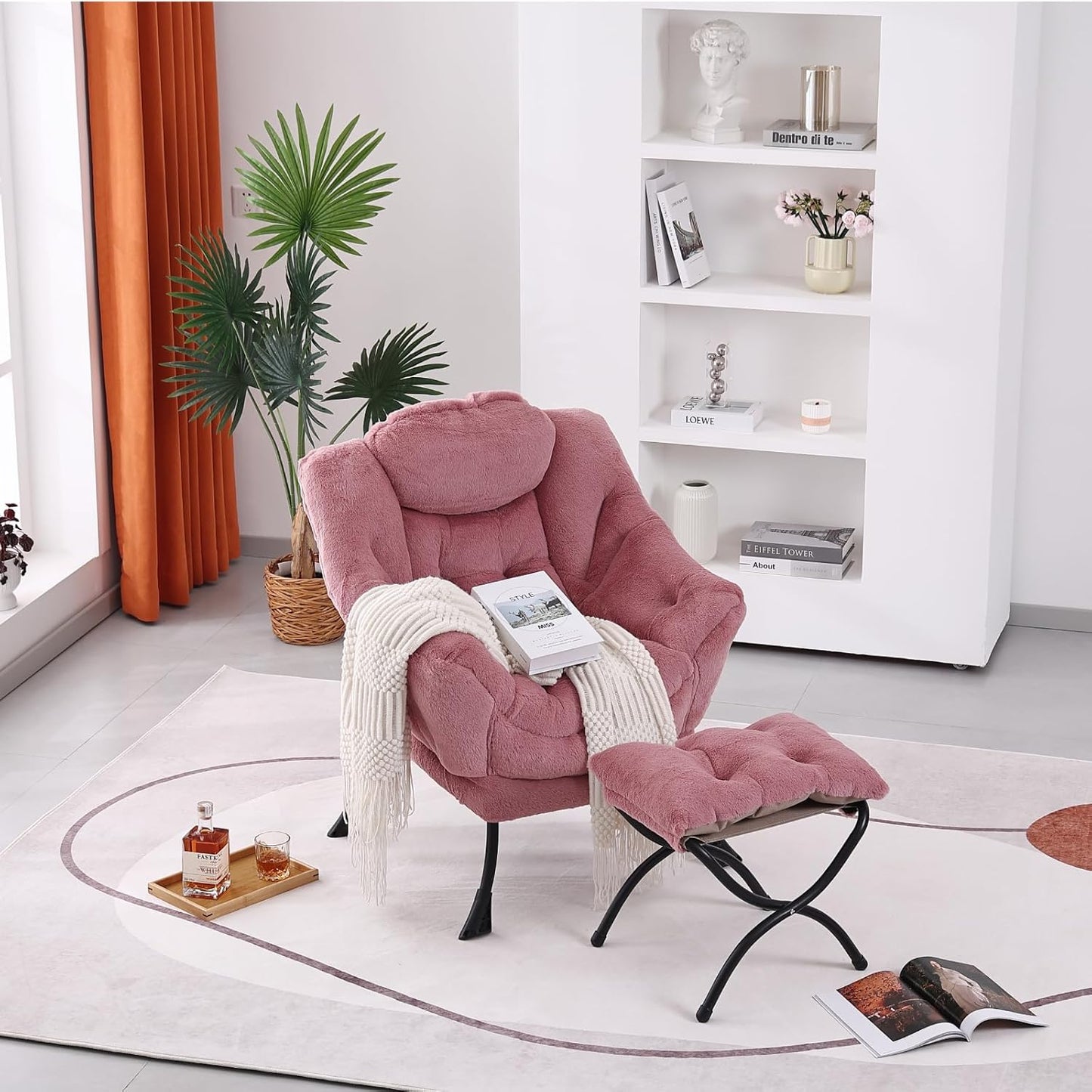 Lazy Chair with Ottoman, Modern Accent Chair Contemporary Lounge Leisure Sofa Chair with Armrests, Reading Chair and Folding Footstool Set for Living Room, Bedroom, Office