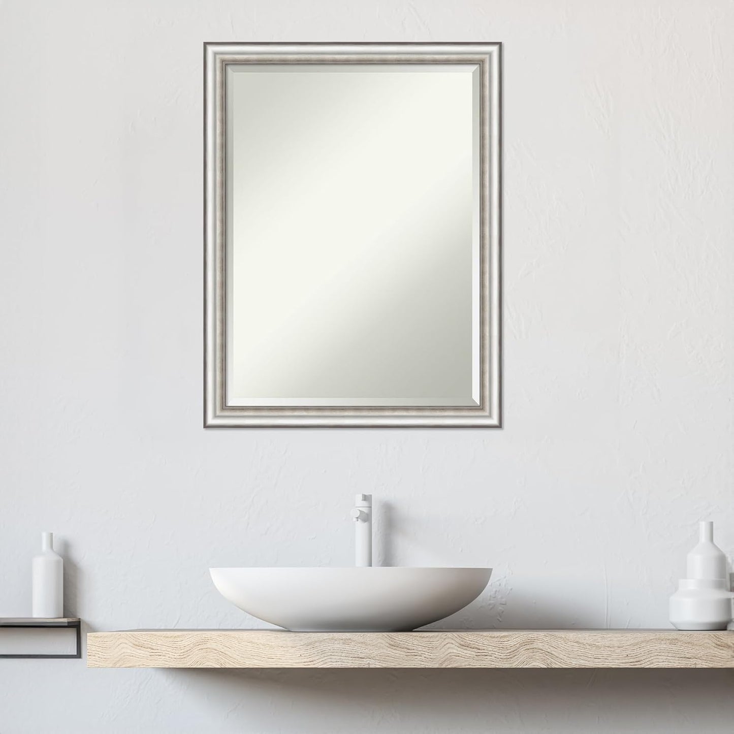 Amanti Art Silver Bathroom Mirror for Over Sink, 27x21 Salon Silver Narrow Rectangle Vanity Mirror, Medium Traditional Frame, Hangs Horizonally and Vertically, Bathroom Wall Decor, Beveled Edge