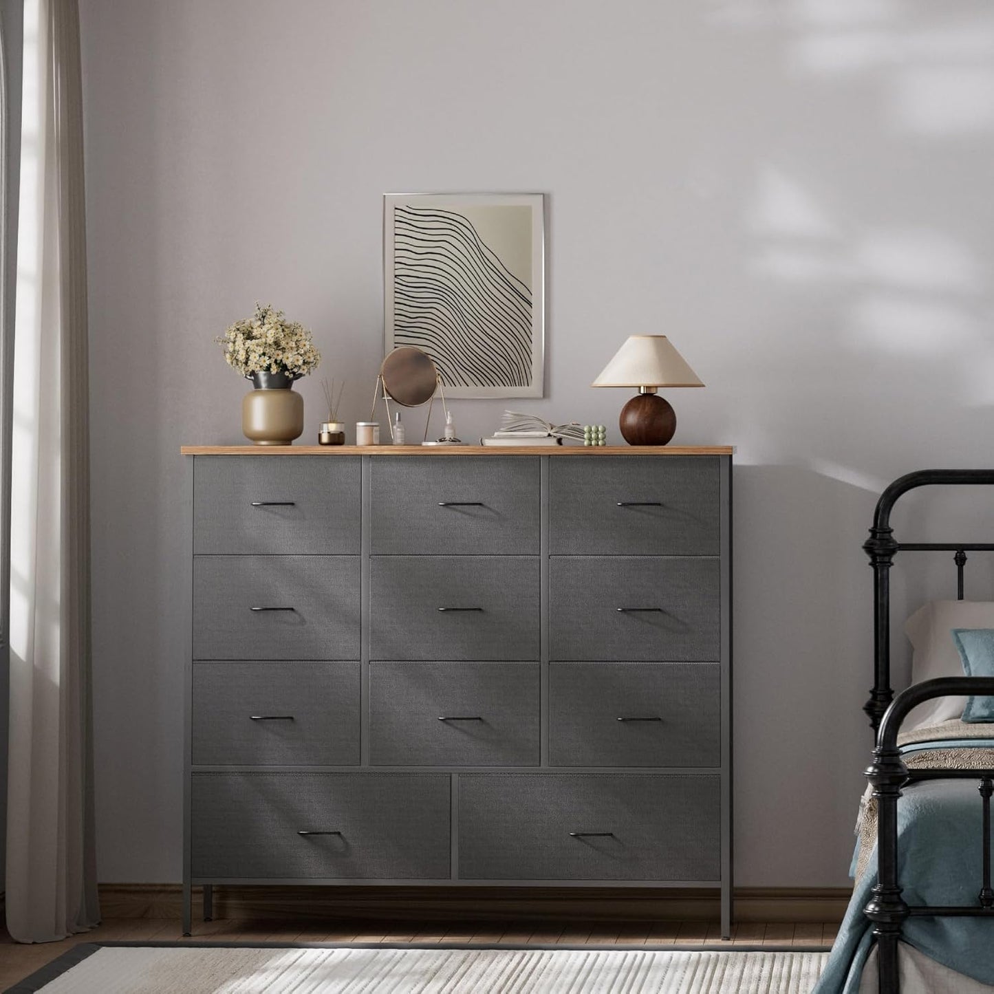 43.3" Wide Fabric Dresser for Bedroom, Chest of Drawers with 11 Deep Drawers, Multi-Drawers TV Stand TV Console, Storage Organizer for Closet, Nursery (Black)