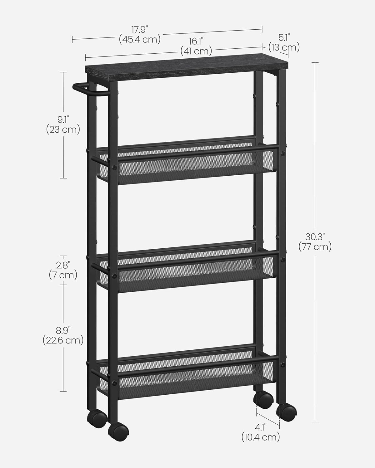 VASAGLE Slim Rolling Cart, 4-Tier Storage Cart, Narrow Cart with Handle, 5.1 Inches Deep, Metal Frame, for Kitchen, Dining Room, Living Room, Home Office, Ebony Black and Classic Black ULRC032B04