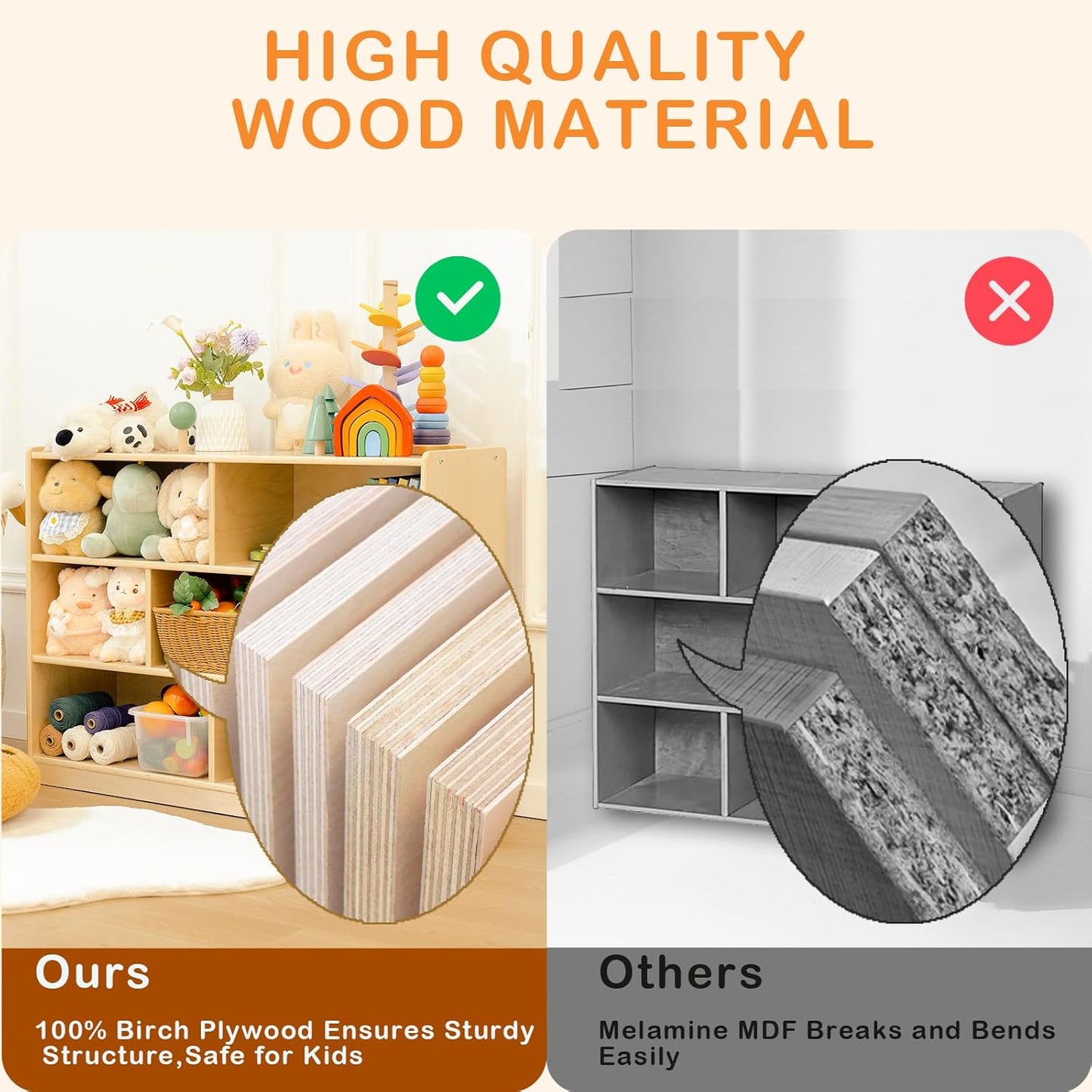 Kids Bookshelf and Toy Storage Shelf, Wooden Montessori Bookshelf, 3-Tier Toy Shelves with 7 Cubby, Classroom Furniture, Birch Children Bookcase, Book Shelf for Kids Room, Nursery, Playroom