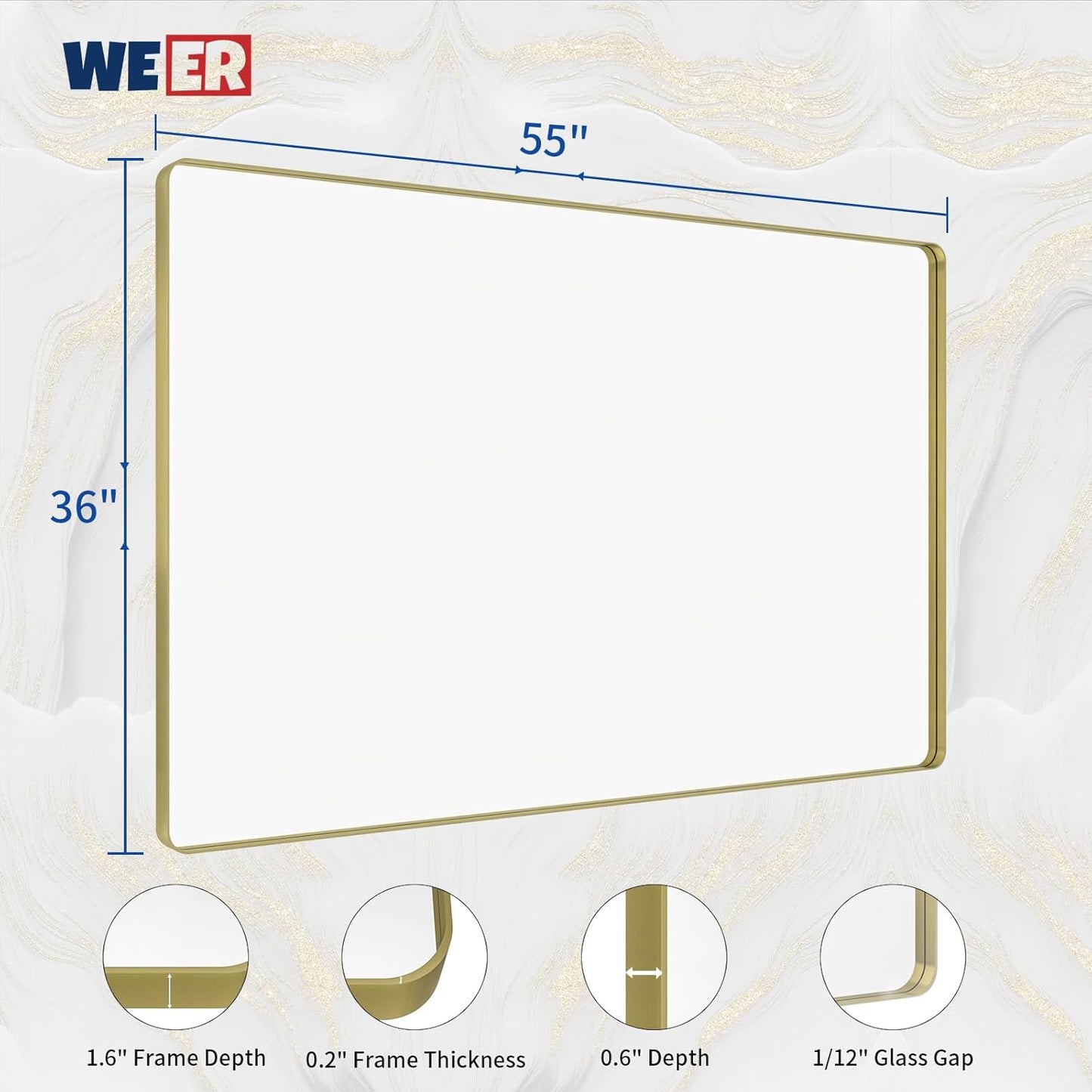WEER Gold Bathroom Mirror, 55X36 Inch Brushed Gold Metal Frame Mirror, Rounded Rectangle Gold Bathroom Vanity Mirror for Wall, Tempered Glass, Anti-Rust, Hangs Horizontally or Vertically