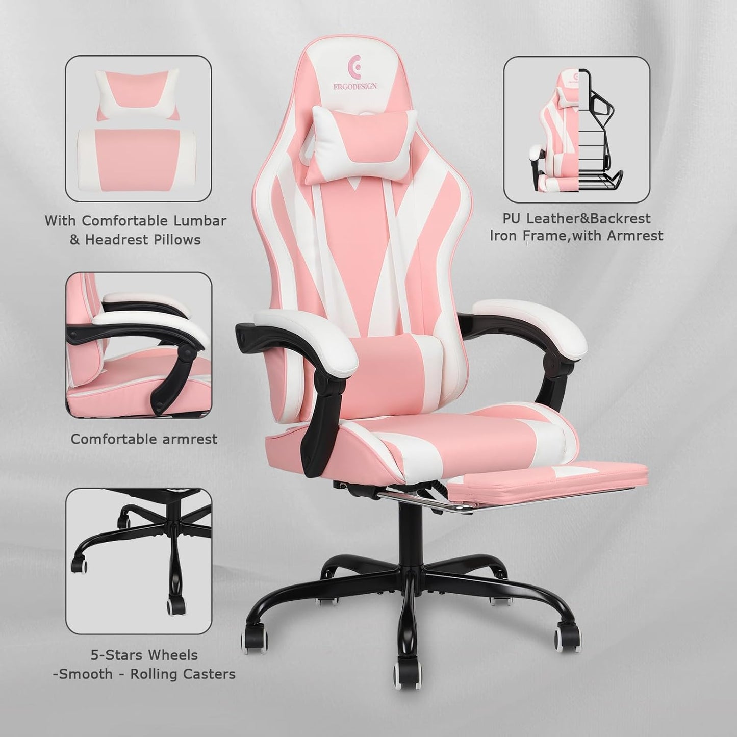 Gaming Chair with Linkage Armrest & Footrest, High Back Video Gaming Chair, Pink/White