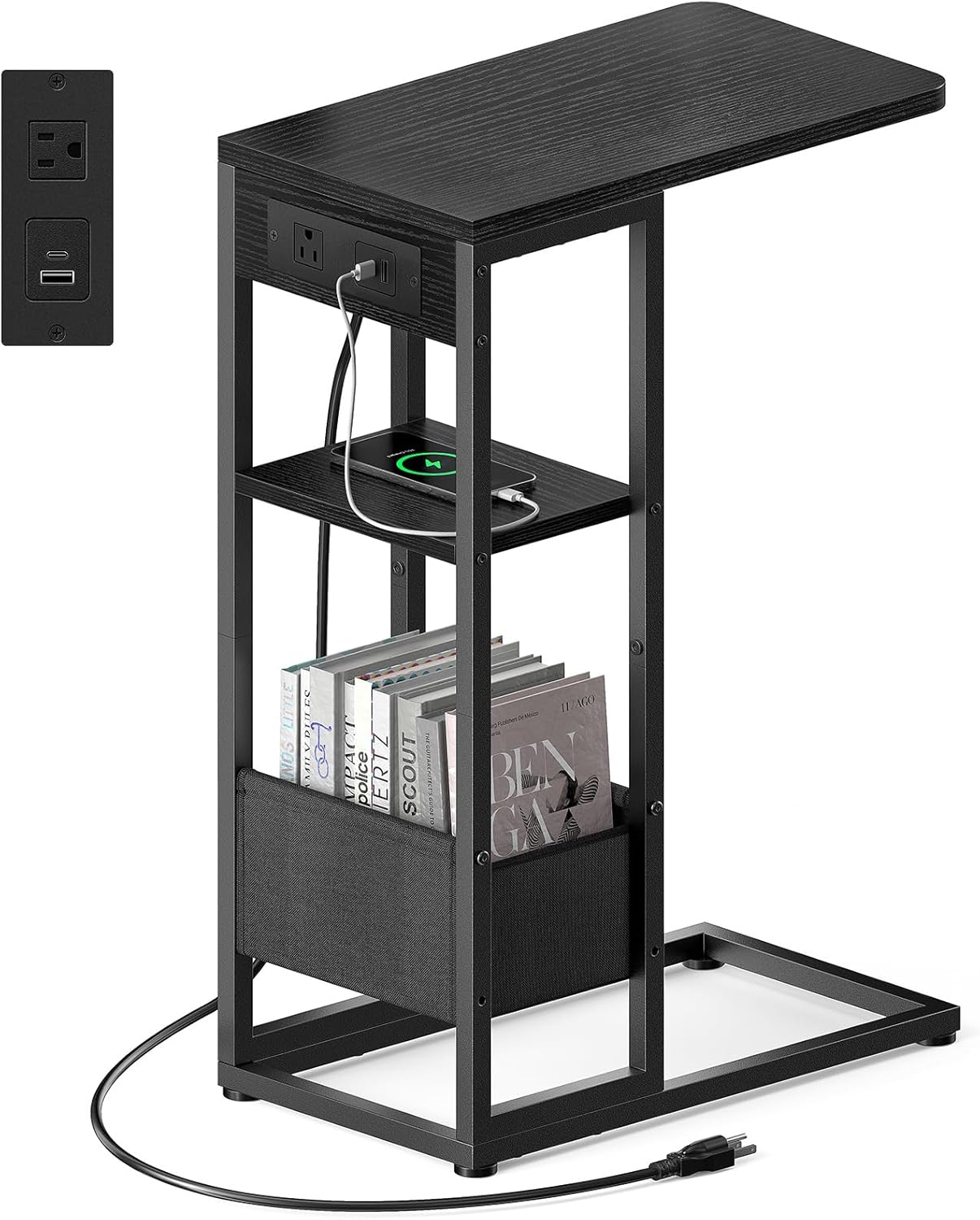C Shaped End Table with Charging Station, Small Side Table for Couch Recliner, Slide Under Sofa Desk Snack Tables with Storage Bag & AC / USB Outlet, Small Spaces Drink Tables for Living Room, Bedroom