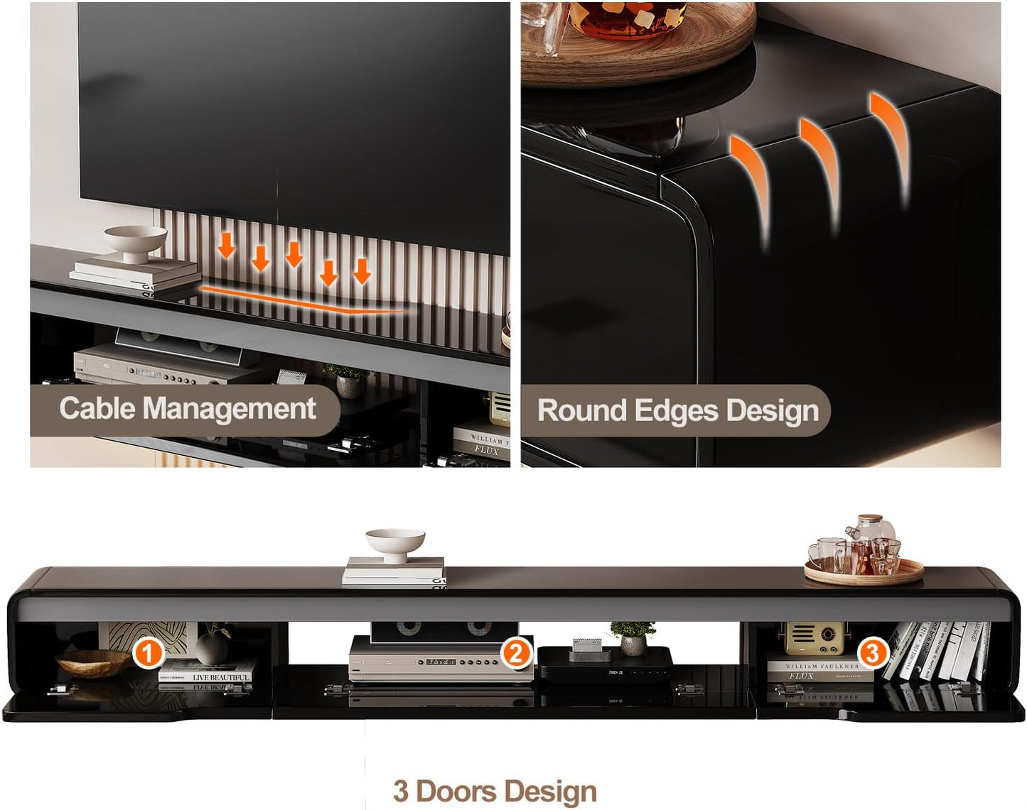 High Gloss Floating TV Stand with 3 Doors,47'' Wall Mounted TV Cabinet,Under TV Console,Floating Media Shelft for Bedroom Living Room(Black)