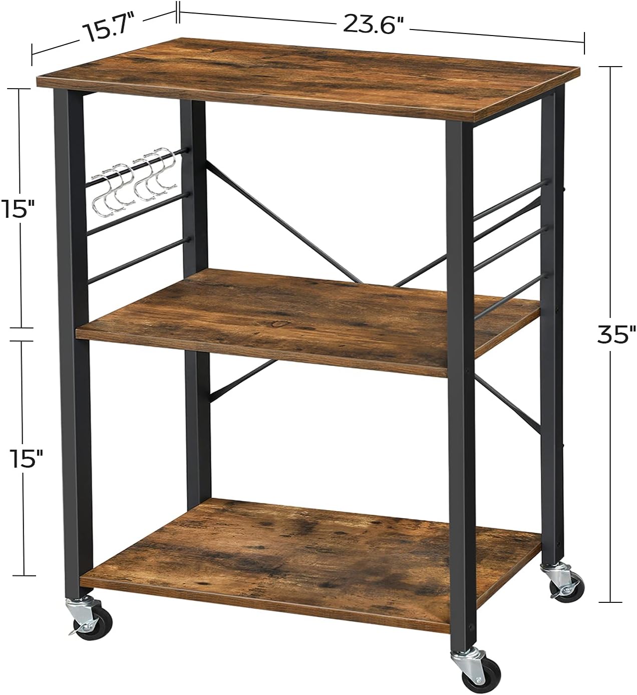 VASAGLE Kitchen Shelf on Wheels, Serving Cart with 3 Shelves, Kitchen Cart, Microwave Shelf, for Mini Oven, Toaster, with 6 Hooks, Industrial Style, Rustic Brown and Black UKKS60XV1