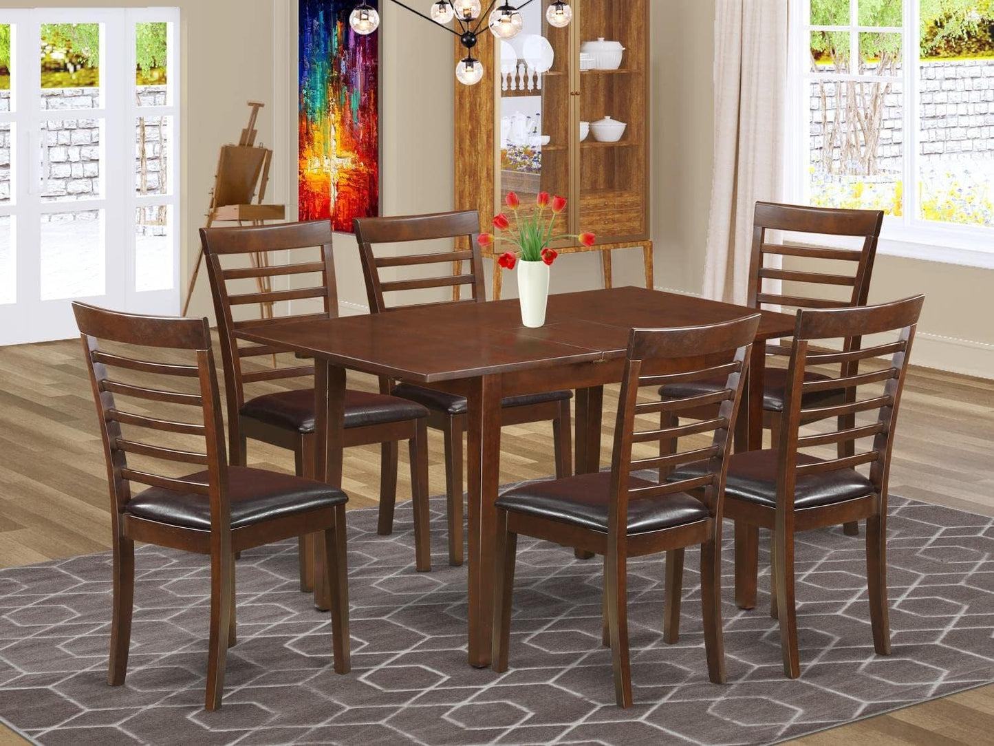 East West Furniture NOML7-MAH-LC 7 Piece Dining Table Set Consist of a Rectangle Dinner Table with Butterfly Leaf and 6 Faux Leather Dining Room Chairs, 32x54 Inch, Mahogany