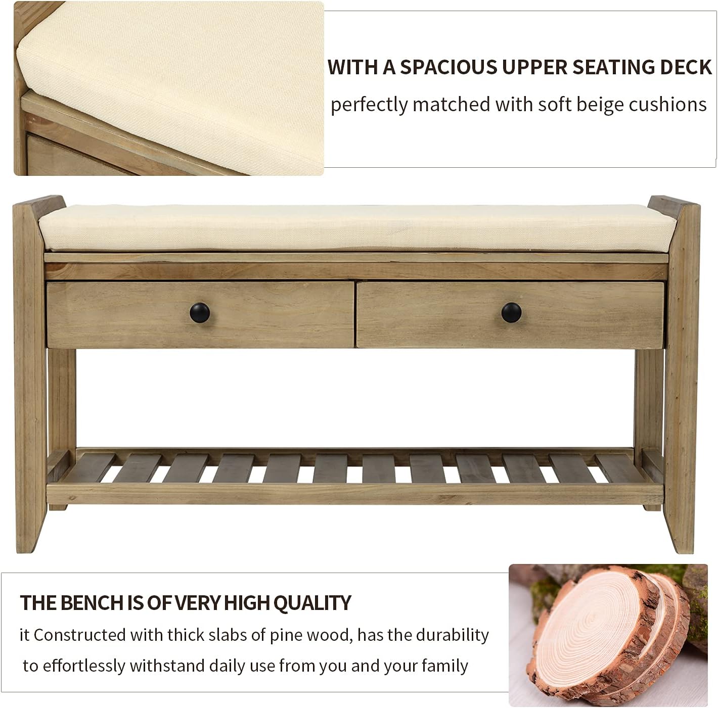 39″ Storage Bench with Cushioned Seat and Drawers,Multipurpose Wooden Entryway Ottoman,Hidden Compartment Organizing Shoe Rack,for Bedroom Hallway Porch,Gray