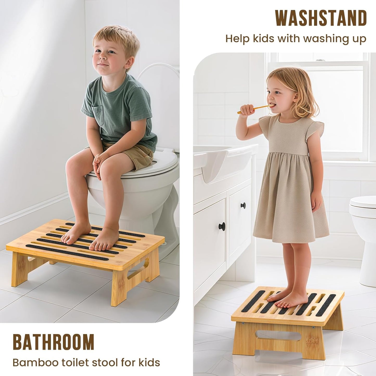 One Step Stool for Adults Seniors and Kids with Non-Slip Surface, Natural Bamboo Stepping Stools for High Bed, Bathroom and Kitchen, Hold Up to 450 LBS, Lightweight, Waterproof, Easy to Install