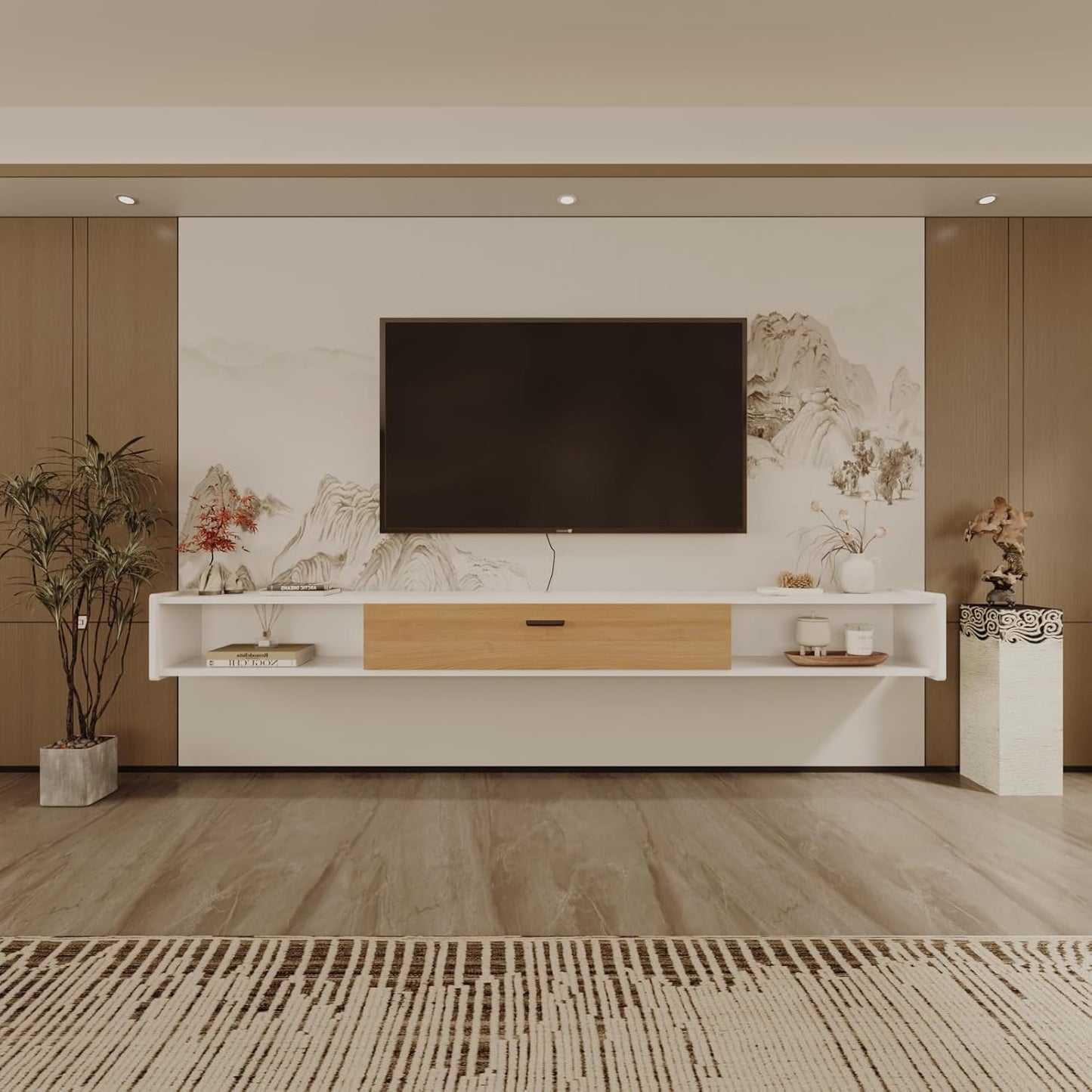 55'' Floating TV Stand,Wall Mounted TV Console,Floating TV Cabinet,Under TV Shelf for Bedroom Living Room(White)