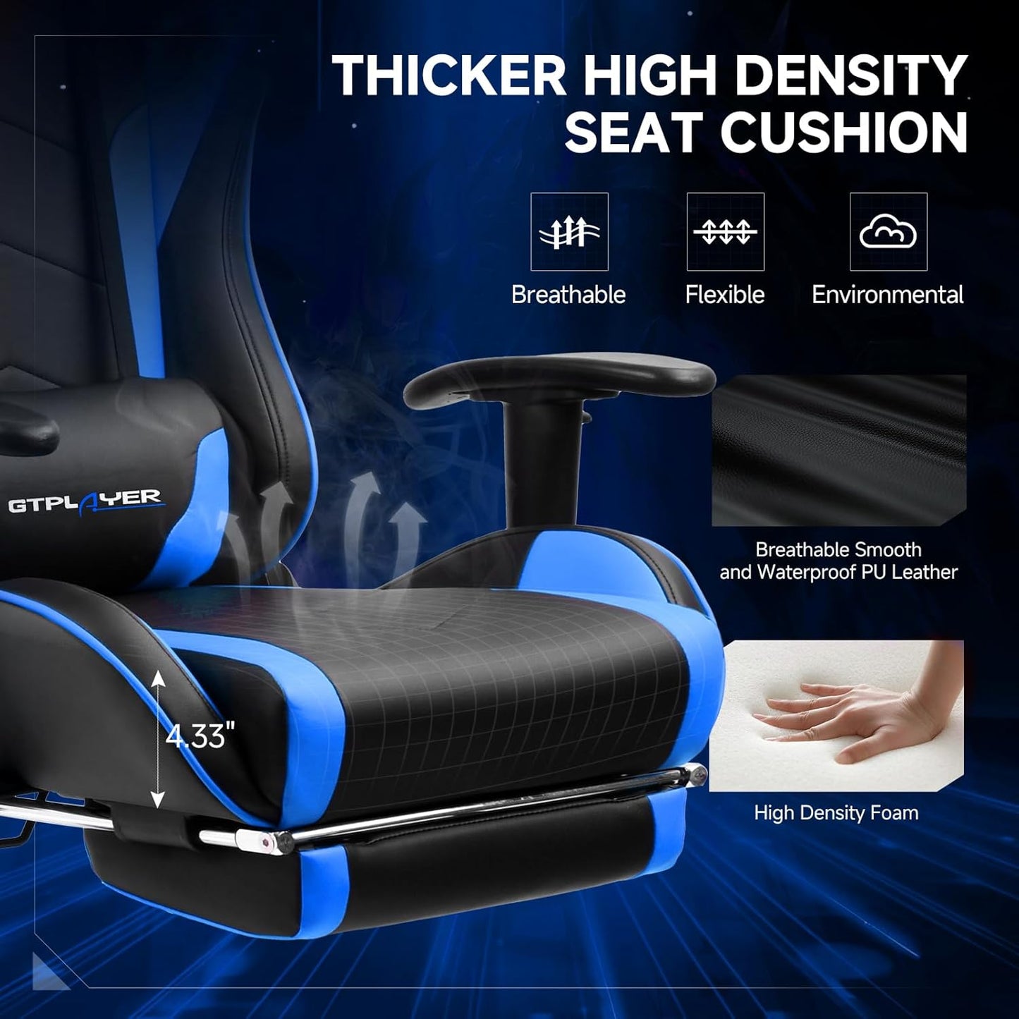 GTPLAYER Gaming Chair with Bluetooth Speakers and Footrest, Ergonomic Gamer Chair with Reclining Backrest, 3D Armrests, Adjustable Seat Height, Computer Desk Chair for Adults (Blue)