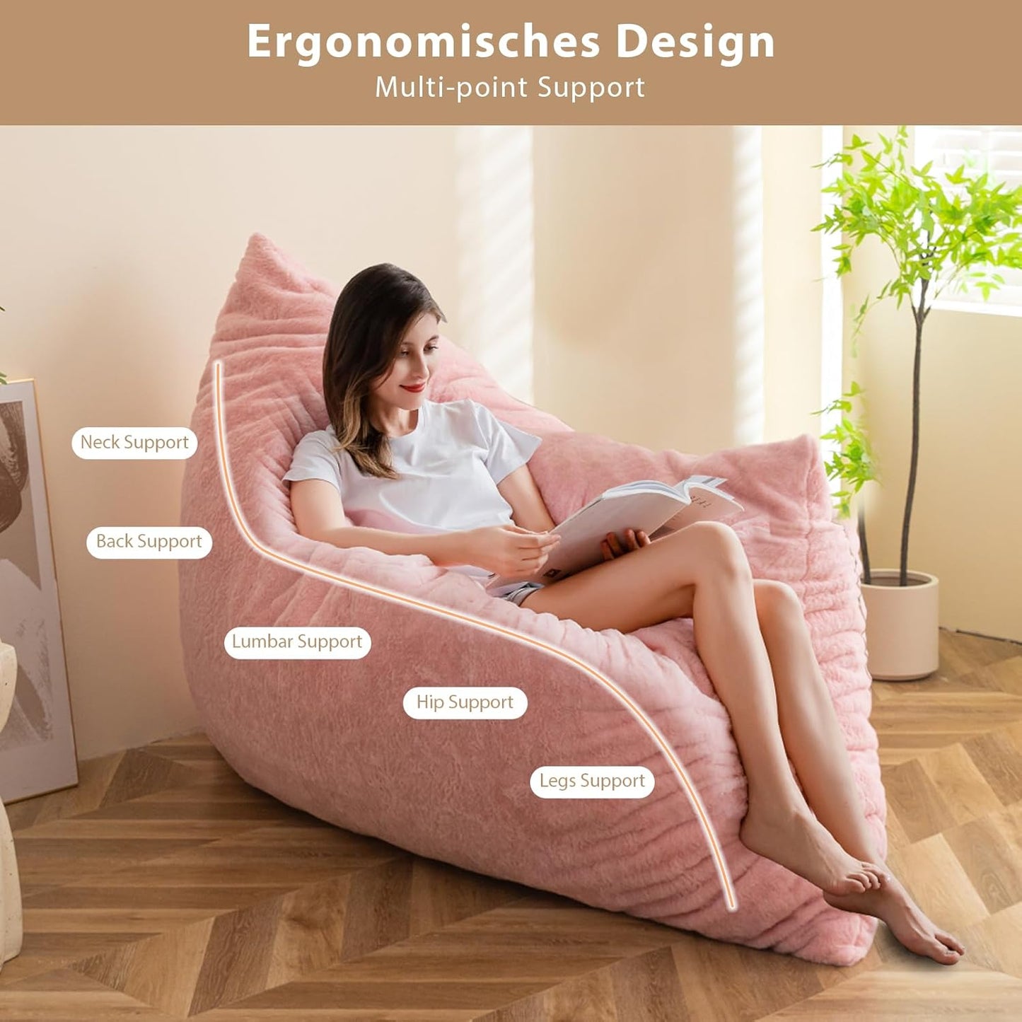 BYBYME 3 in 1 Bean Bag Chair, Convertible Chair Folds from Bean Bag to Lounger, High-Density Foam Filling, Faux Fur Big Sofa Bed, Giant Bean Bag Chair Bed for Adults