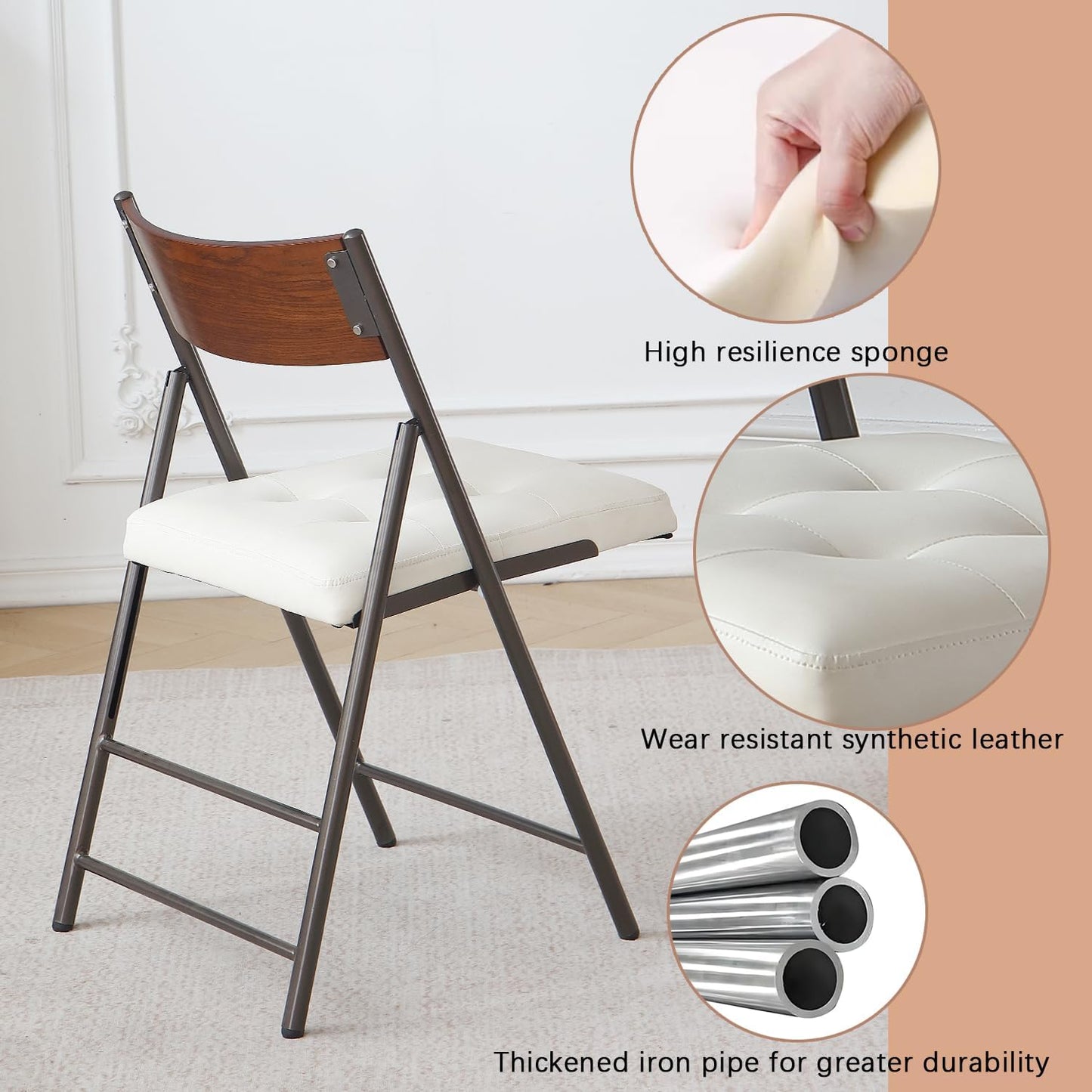 2 Pack Folding Chairs with Thick Padded Seat,Heavy Duty Steel Frame Foldable Dining Chairs with Soft Cushion Set of 2,Portable Indoor Outdoor for Home Kitchen,Office,Events,Wedding(White)