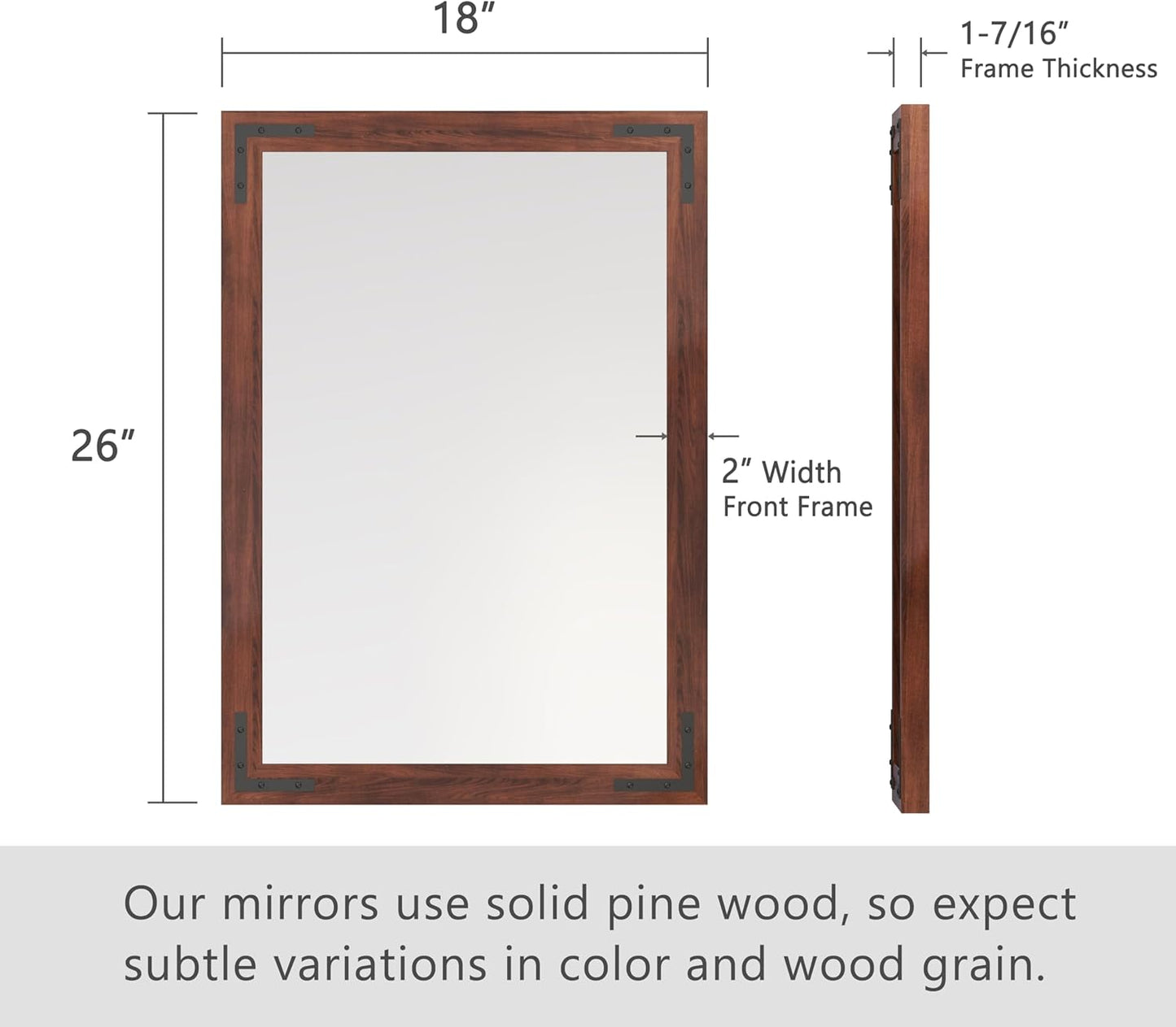 VocalStar Rustic Wood Framed Mirror 18 x 26 Inch, Natural Dark Brown Wooden Rectangle Bathroom Vanity Wall Mirror for Farmhouse Boho Decor, 1/4-inch Shatterproof Glass | Waterproof