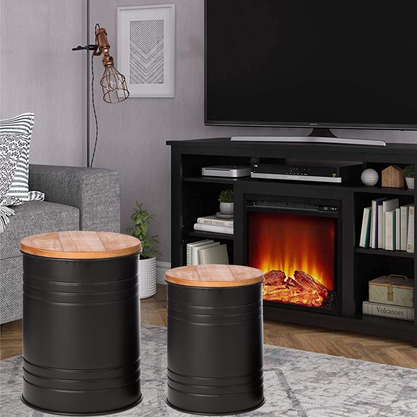 Glitzhome Farmhouse Accent Side Table, Metal Storage Stool Ottoman with Round Lid - Galvanized Coffee Cocktail End Tables Set of 2 for Living Room Bedroom, Black