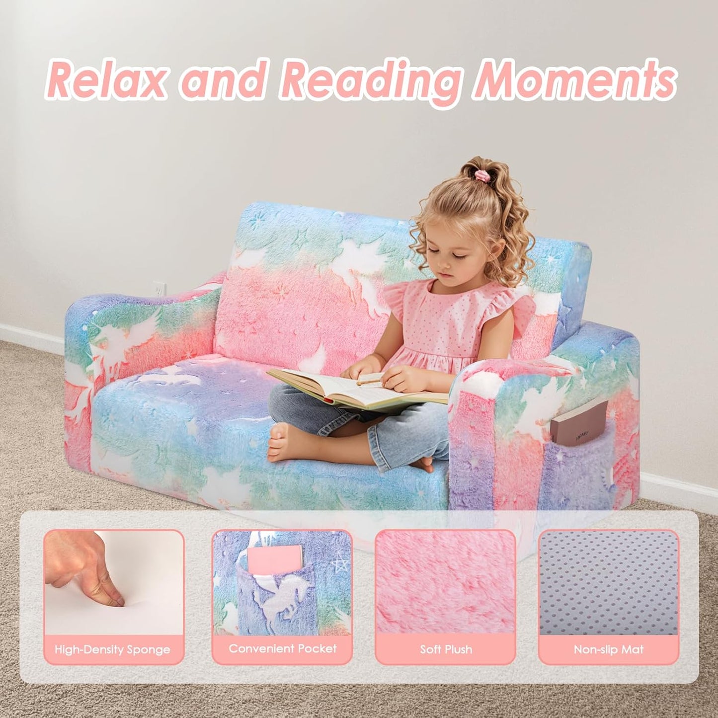 Kids Couch Extra Large,Glow in The Dark 2-in-1 Folding Kids Sofa Bed for Girls,2 Seats Convertible Sleeper Lounger Toddler Couch for Children Bedroom Playroom Nursery,Unicorn