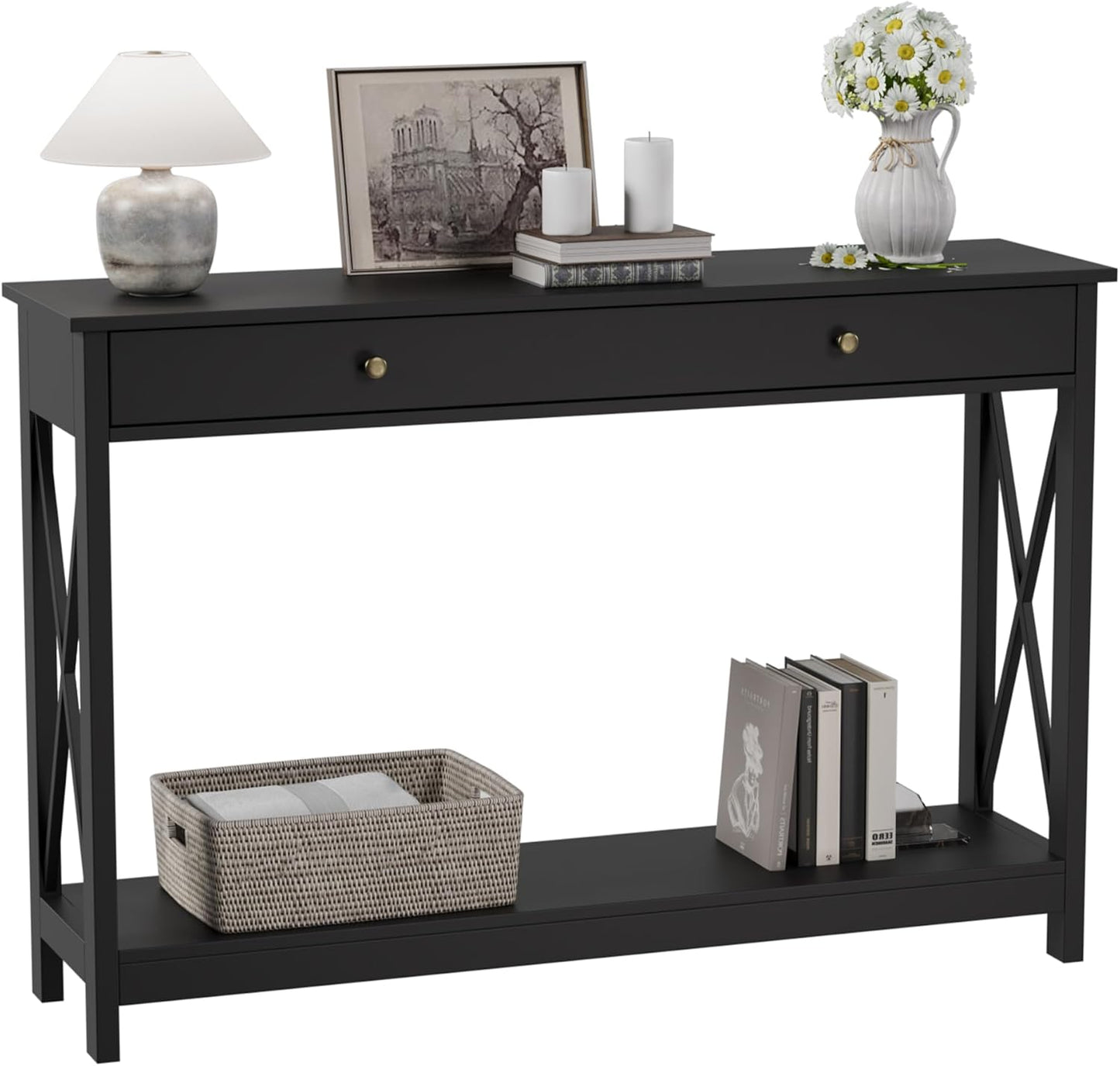 Treocho 47" Farmhouse Console Table with Drawer and Storage Shelves, Foyer Sofa Table Narrow for Entryway, Living Room, Hallway, Black