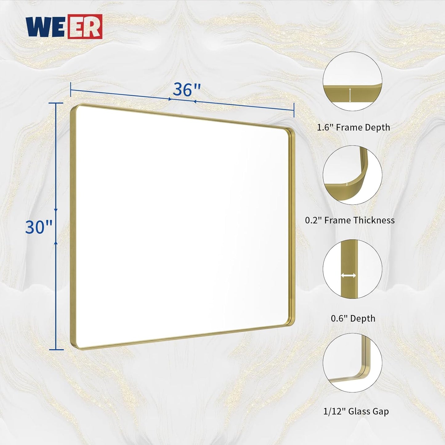 WEER Gold Bathroom Mirror, 36X30 Inch Brushed Gold Metal Frame Mirror, Rounded Rectangle Gold Bathroom Vanity Mirror for Wall, Tempered Glass, Anti-Rust, Hangs Horizontally or Vertically