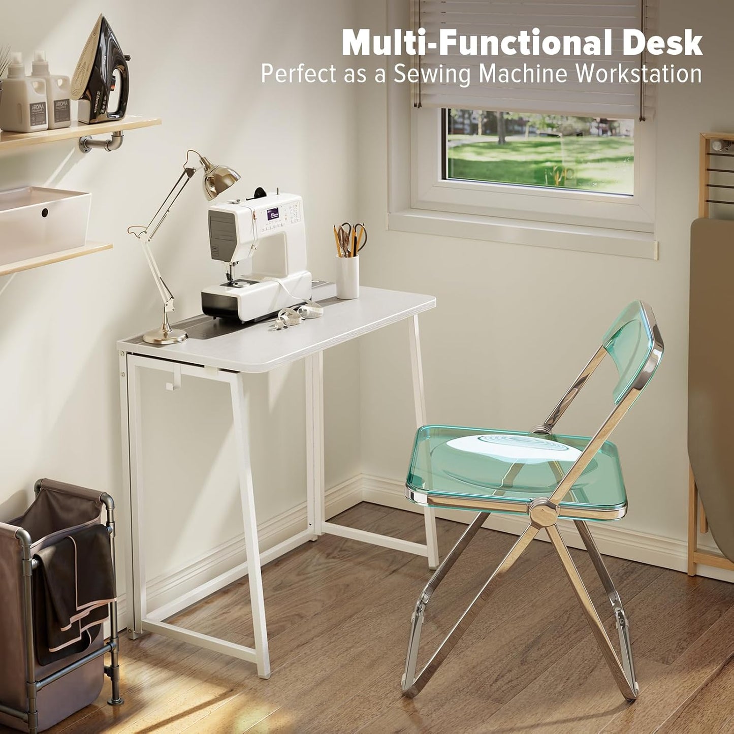 WOHOMO Folding Desk, 31.5" Small Desk for Small Spaces, Easy Assemble Foldable Computer Desk for Laptop, Mini Portable Working Table Narrow Wooden Writing Workstation for Home Office, White