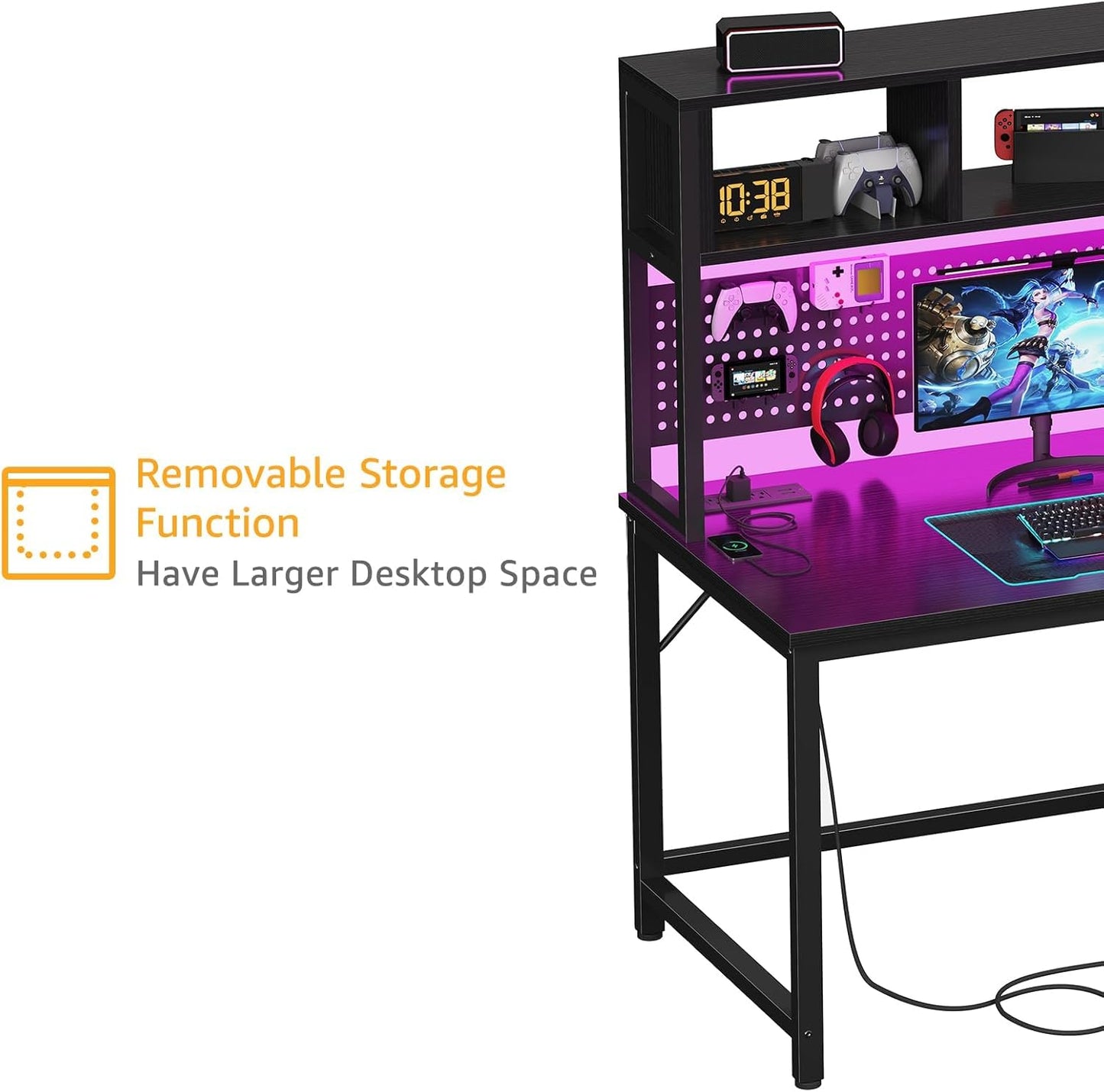 Black Gaming Desk with Hutch and Pegboard - 47 Inch Gaming Desk with Shelves Storage Power Outlets, Computer Teen Work Study Writing Desks for Bedroom Home Office