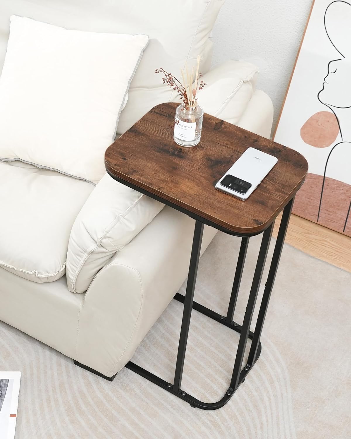 C Shaped End Table Set of 2, Small Side Table for Sofa and Bed, Couch Tables That Slide Under, Tall Tv Tray Table for Living Room, Bedroom, Rustic Brown & Black