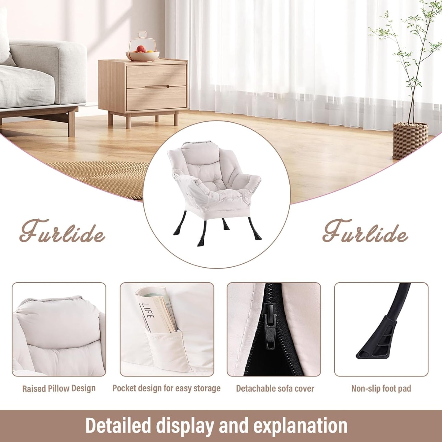 Lazy Chair with Ottoman, Modern Chair with Folding Footrest, Lounge Accent Chair, Comfortable Reading Chair, Oversized Armchairs for Bedroom, Study, Living Room, Courtyard (Beige