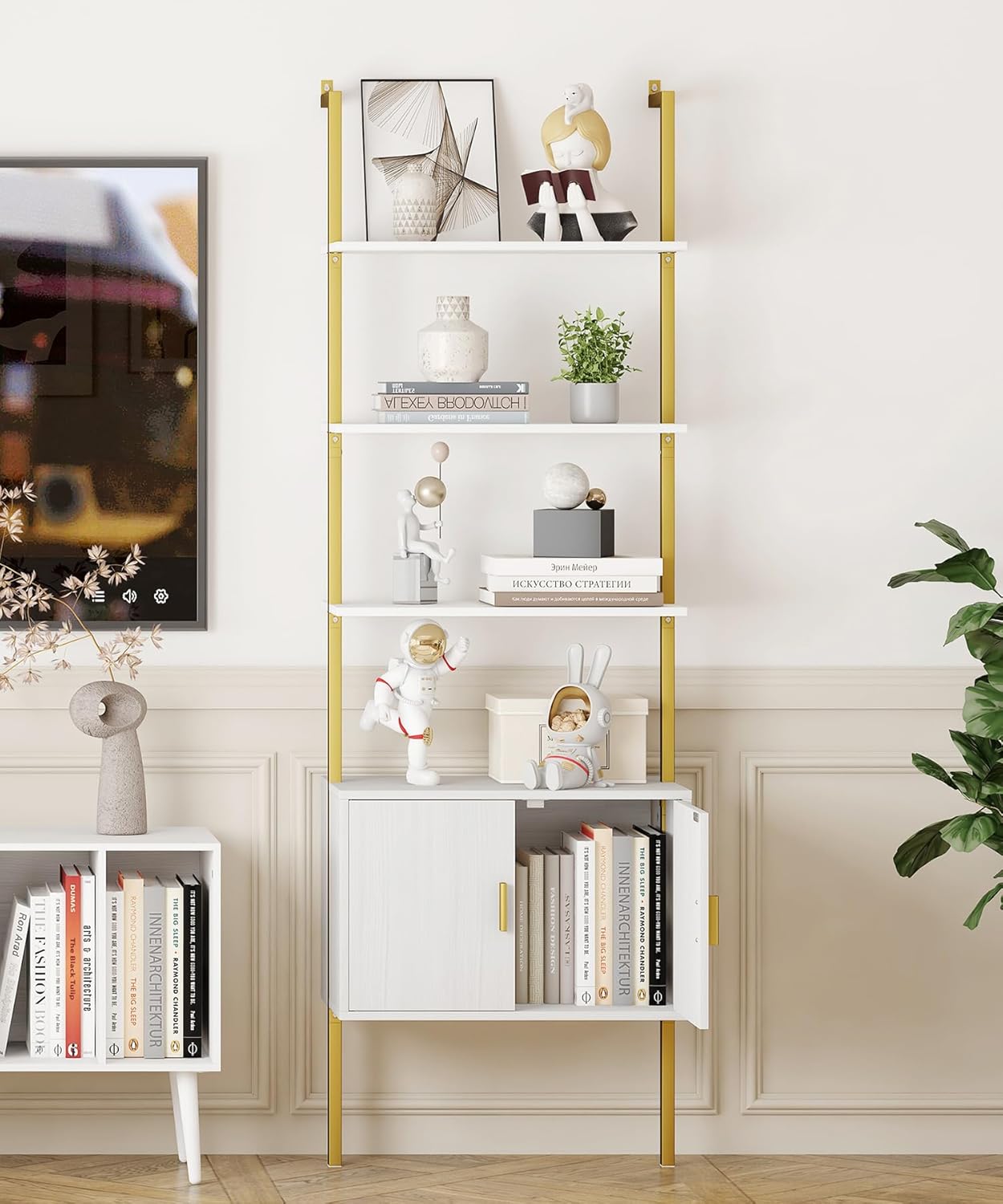 Yusong 73" Tall Bookshelf with Cabinet, Industrial Ladder Wall Mount Shelf Bookcase with Wood and Metal Frame, Plant Shelf Wall Storage Display for Living Room Bedroom, White Gold