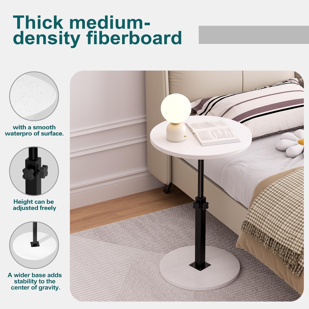 Adjustable Side Table, Round End Table, Small Bedside Table, Mid Century Modern Nightstand for Living Room, Bedroom, Corners and Office (White)