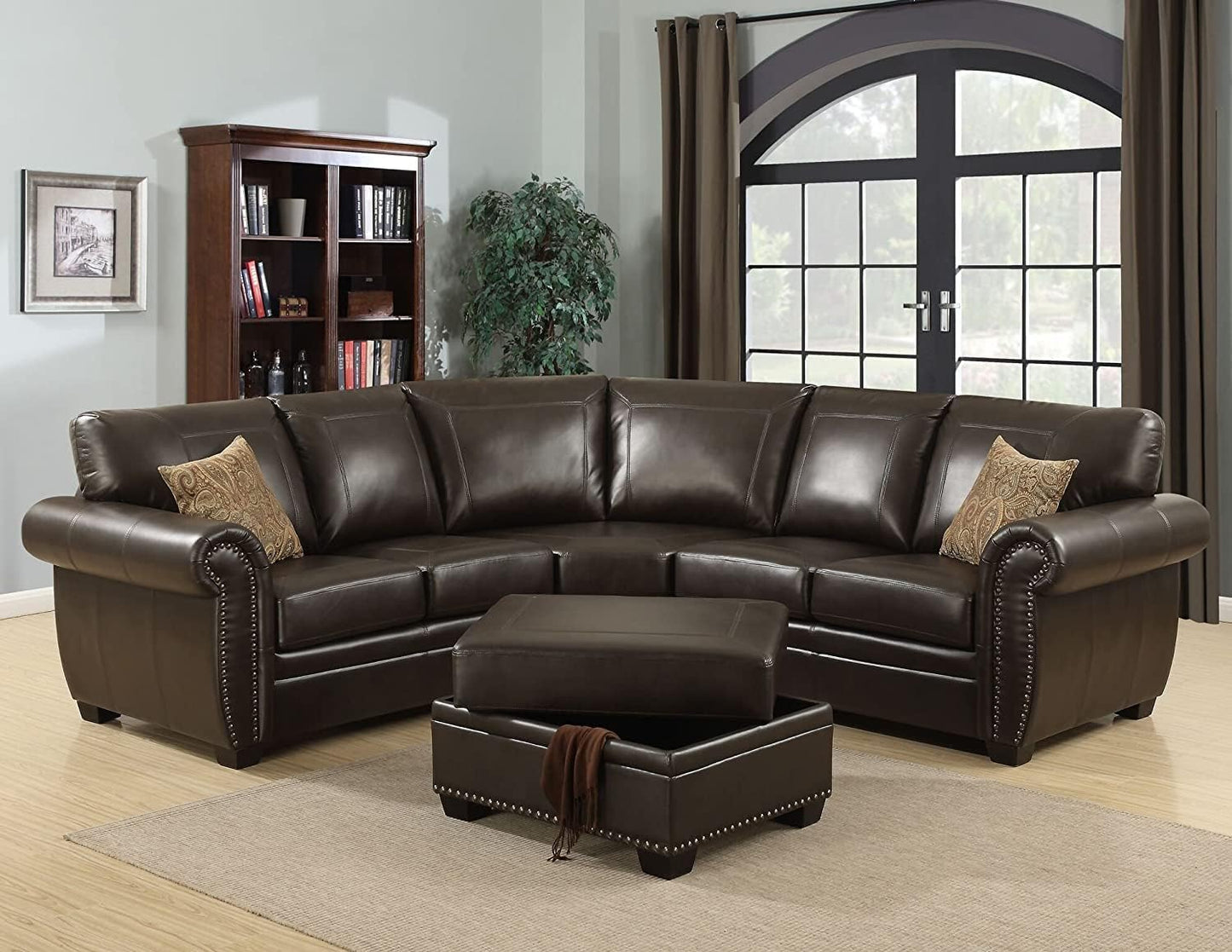 AC Pacific Louis Collection Traditional Upholstered Leather Living Room Piece with Antique Brass Nail Head Trim, Ottoman, Dark Brown