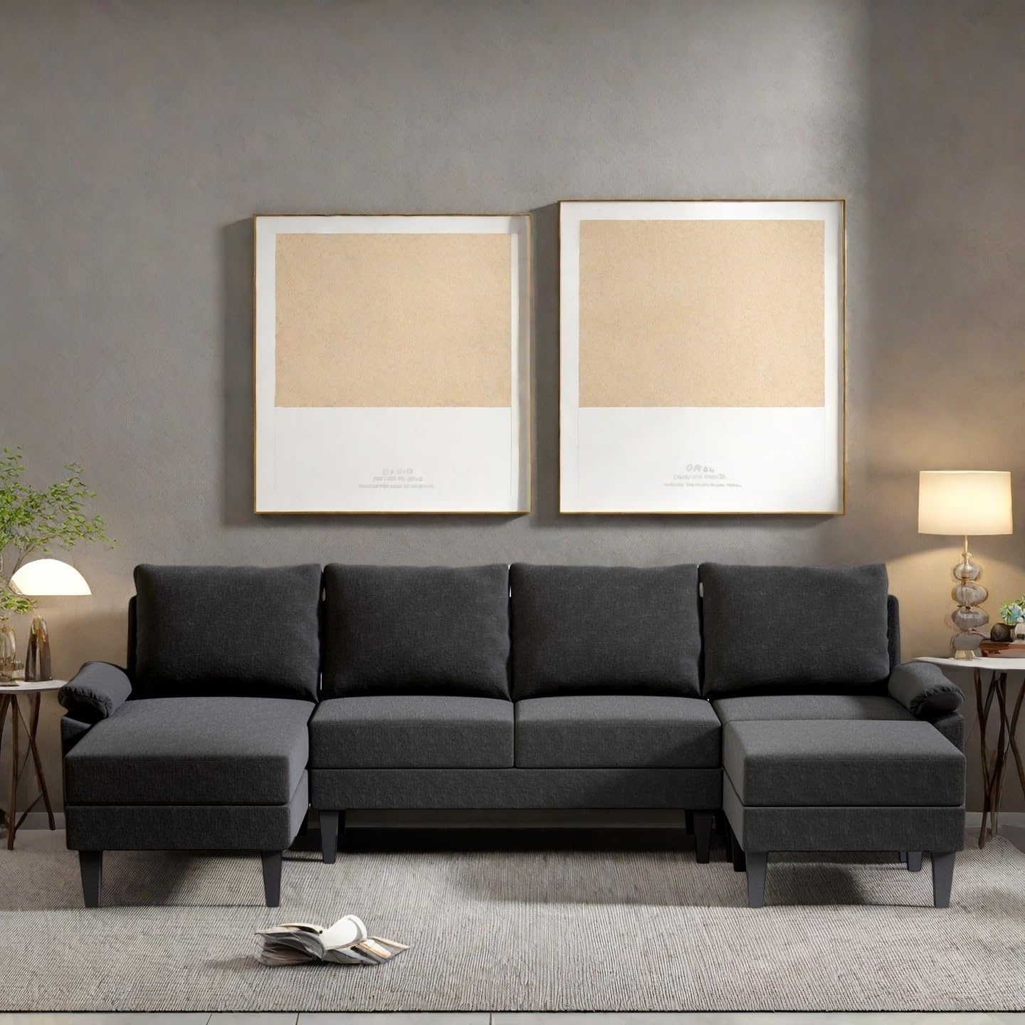 115 Inch U Shaped Sectional Couch with Chaise, 5-Seat Sofa with Moveable Ottoman, Modern Modular Sofa for Living Room, Apartment, Black