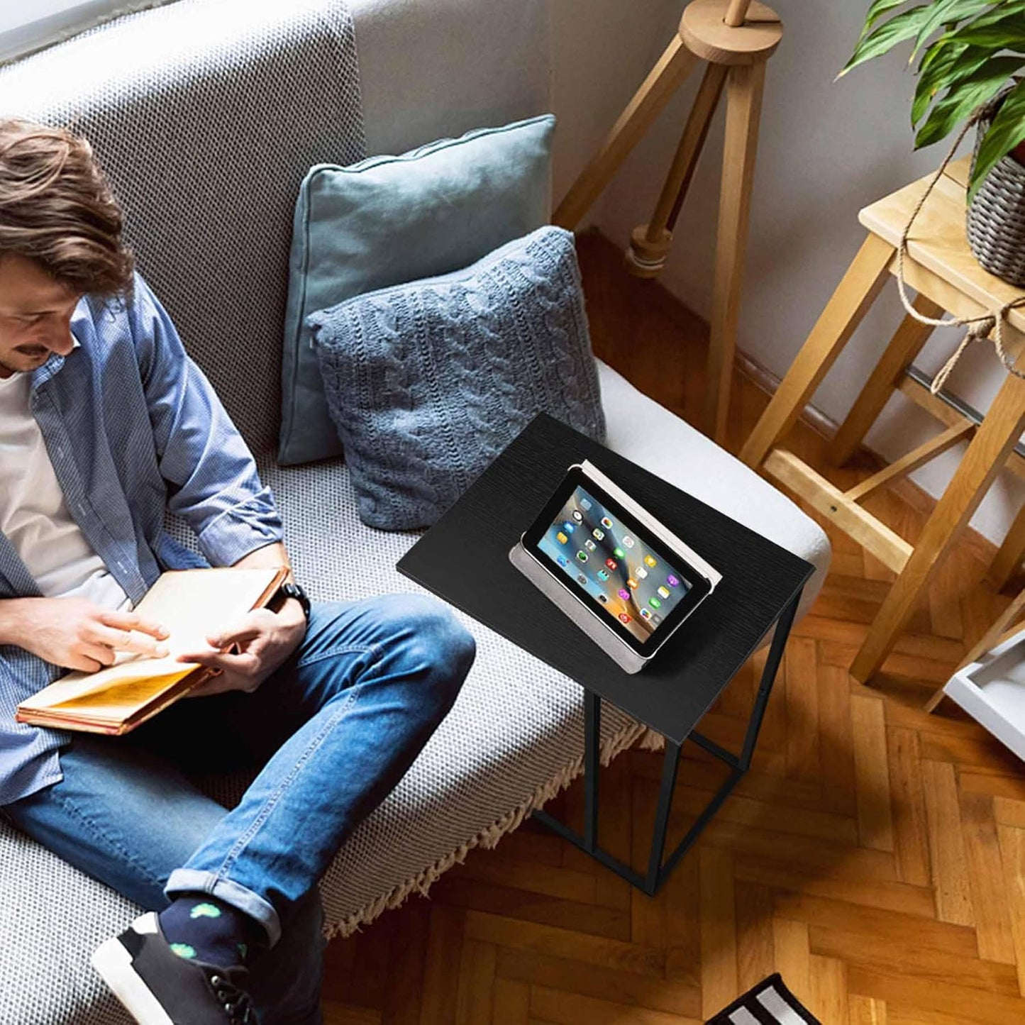 C Shaped Side Table Set of 2, Skinny Sofa Table for Sofa and Bed, Couch Tables That Slide Under, Small End Tables for Living Room, Bedroom or Small Spaces, Black