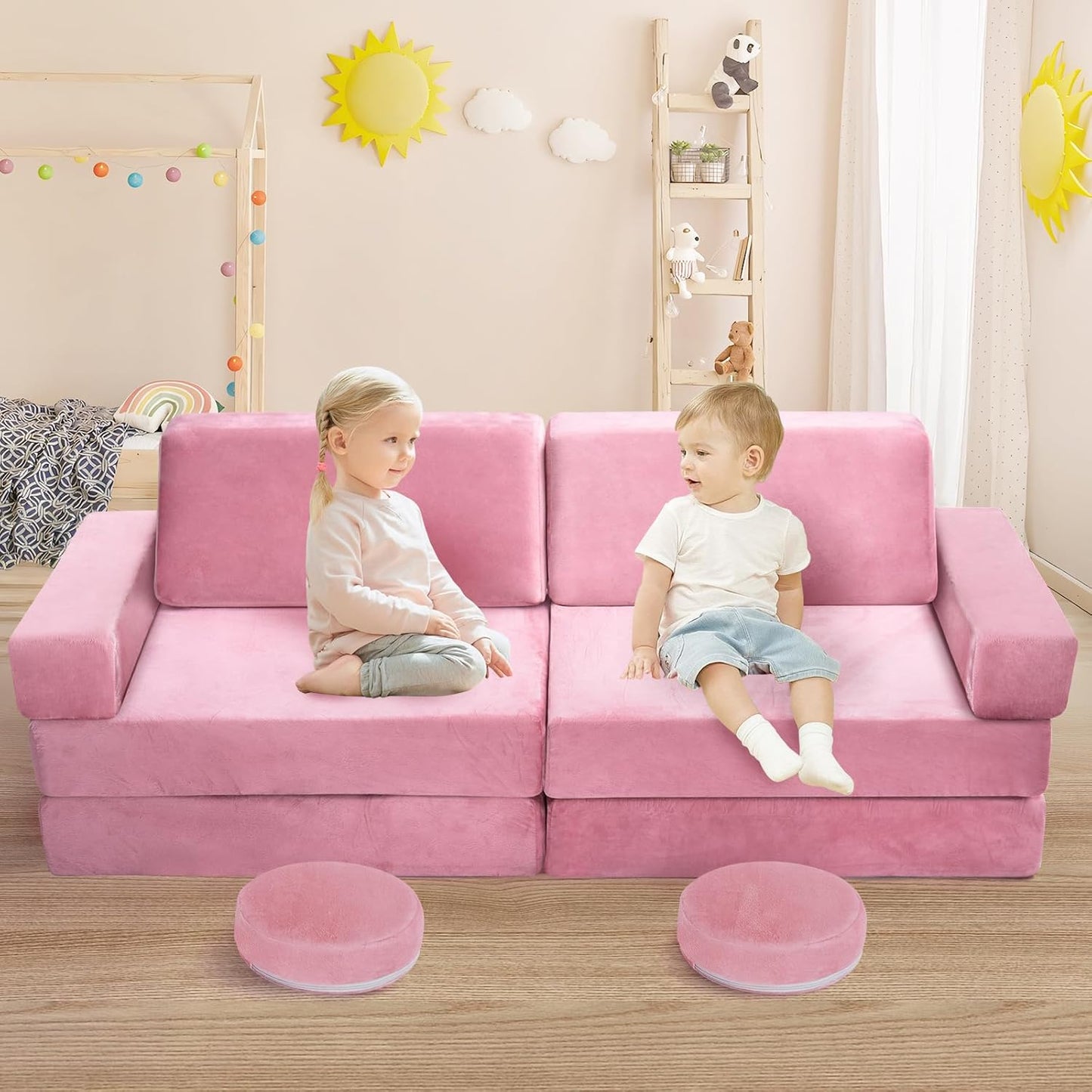 10Pcs Kids Play Couch,Toddler Sofa,Modular Kids Couch for Playing, Creativing, Sleeping (Pink)