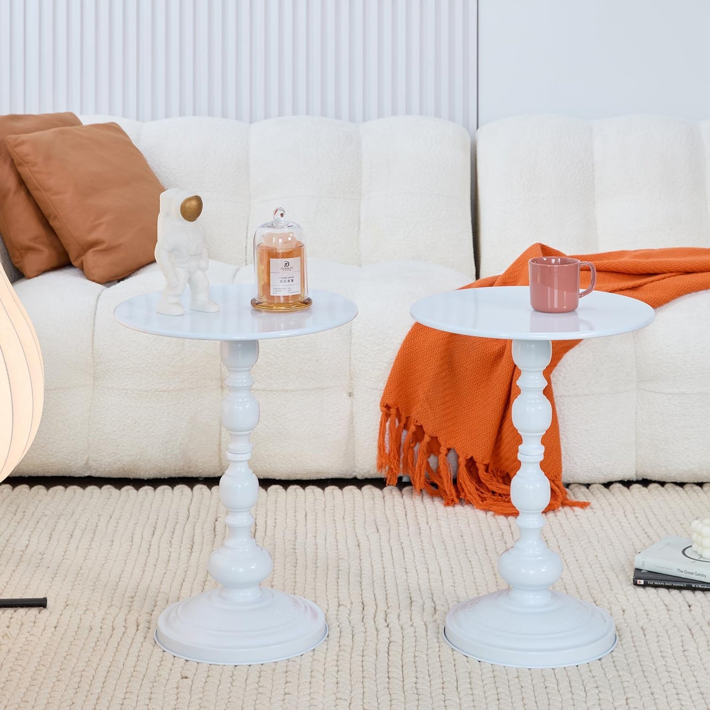 Chic Vintage Round Side Table with Elegant Roman Columns - Sturdy Metal Construction, Perfect for Coffee, End, Tea, or Leisure Use in Living Room or Bedroom Decor (White 1 Pack)