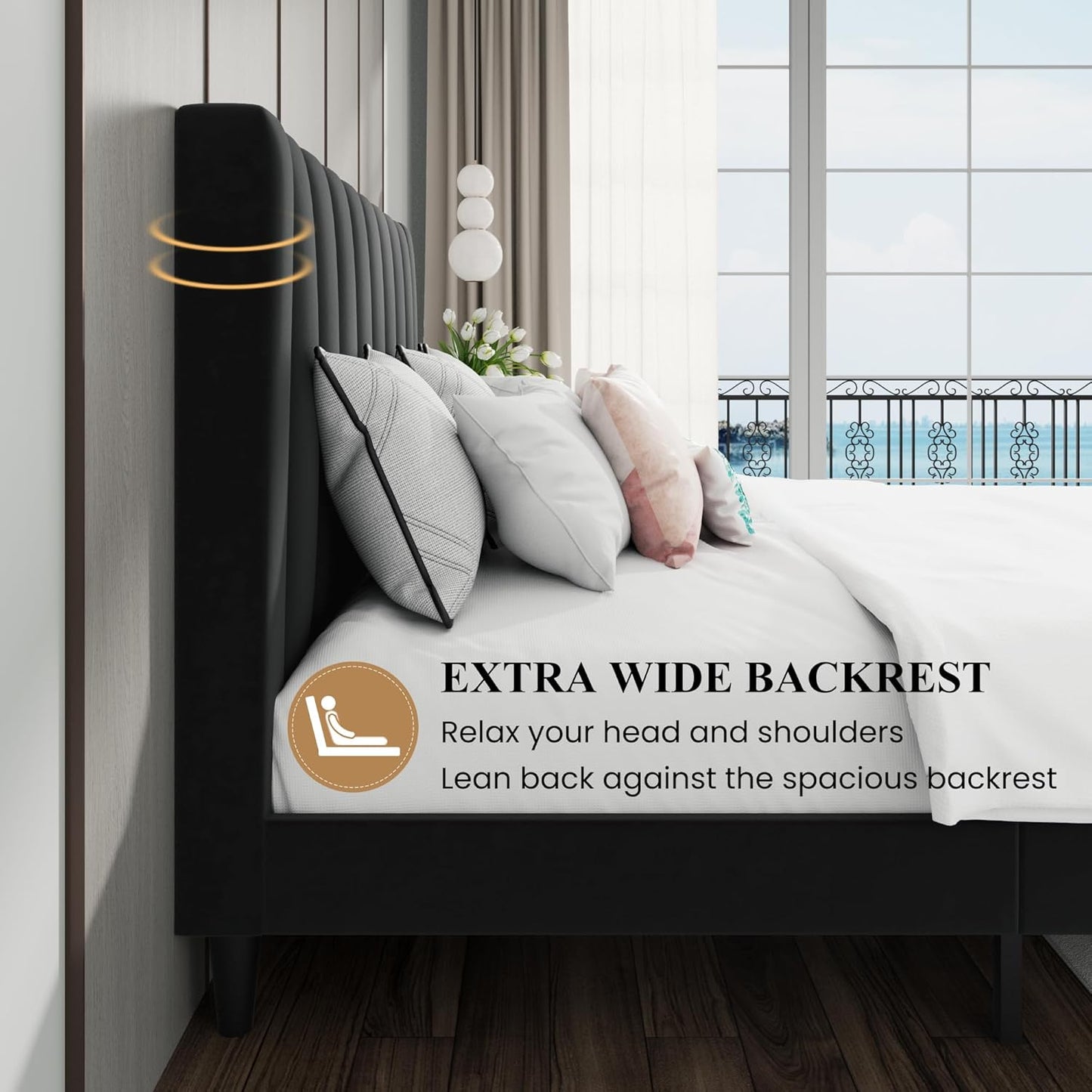 SHA CERLIN Queen Bed Frame/Velvet Upholstered Platform Bed Frame with Headboard/Strong Wood Slats Support/Mattress Foundation/No Box Spring Needed - Black