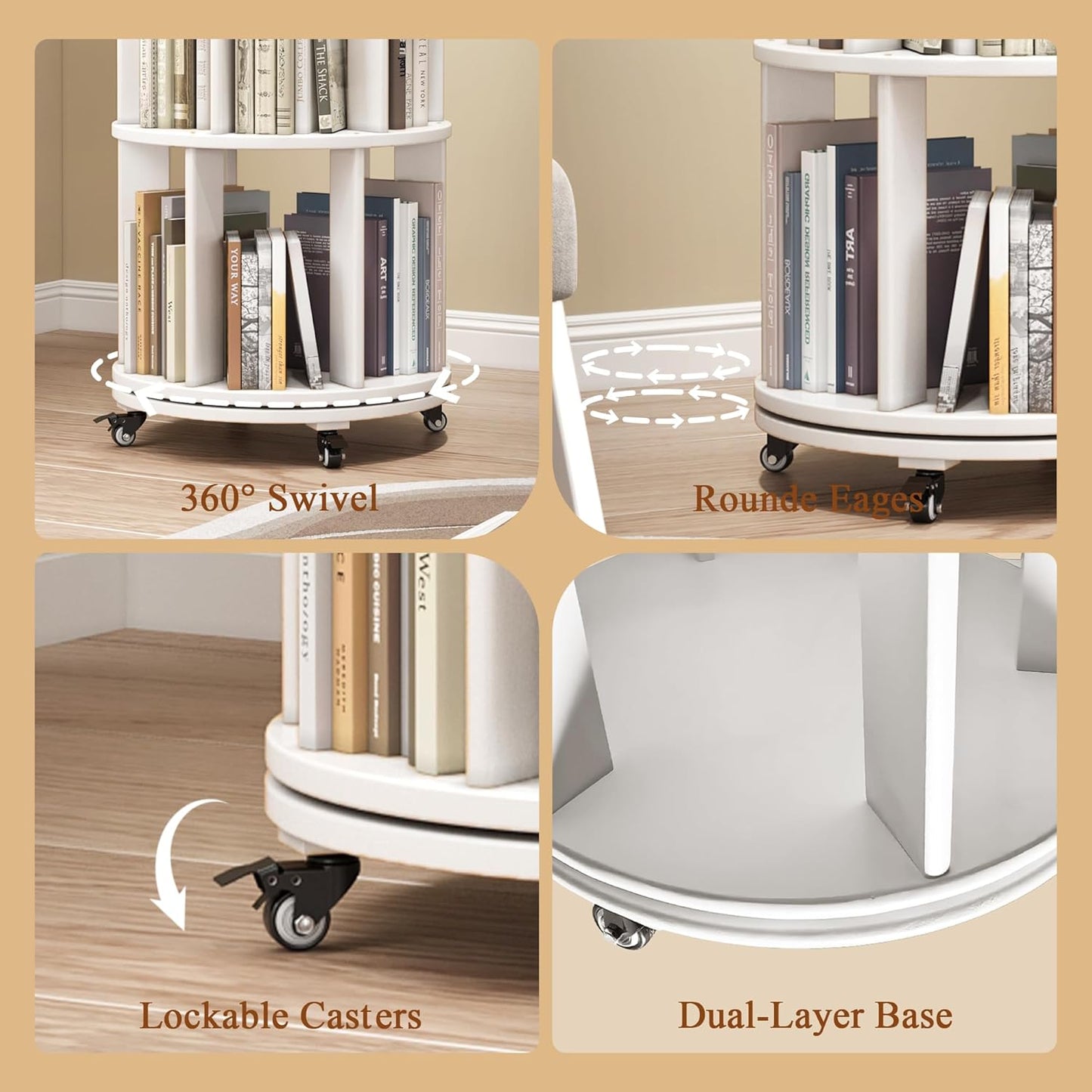 4 Tier Rotating Bookshelf Tower, 360 Spinning Bookcase Carousel with Lockable Wheels, Round Lazy Susan Organizer for Corner Bookshelf, Solid Wood Revolving Bookcase for Kids Room, Bedroom, Living Room