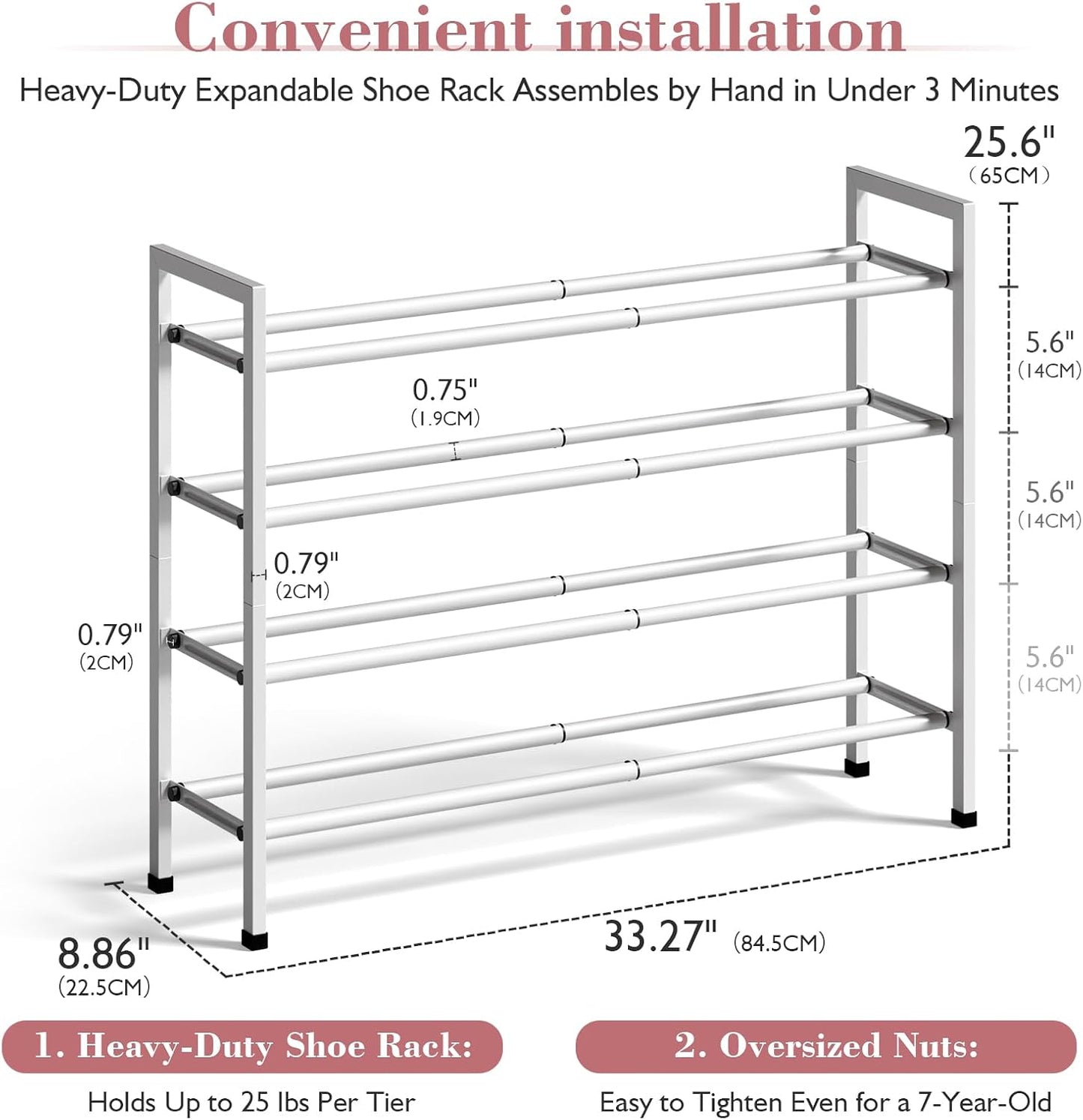 Bumusty 4-Tier Expandable Shoe Rack for Closet, 18“-33” Adjustable Shoe Rack for Small Space, Small Shoe Organizer for Front Door, Sturdy Metal, White