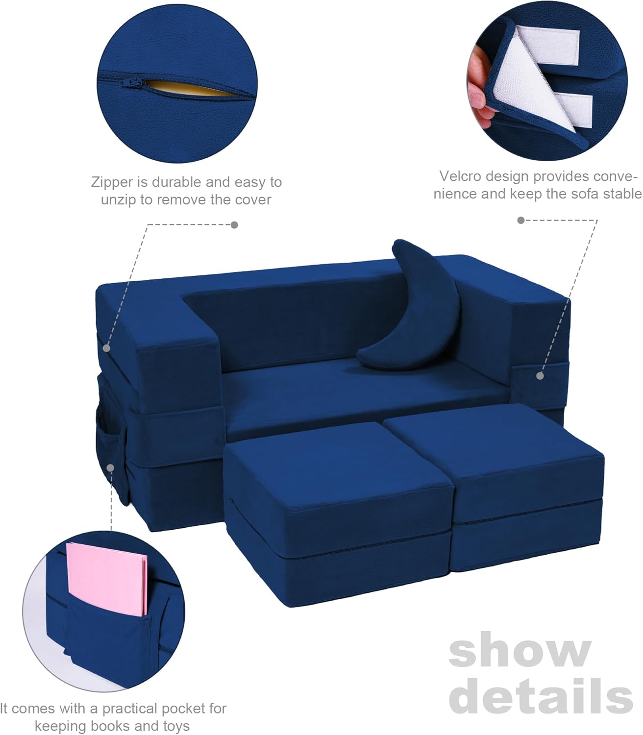 Modular Kids Sofa,Toddler Couch Foam Armchair for Kids, Children Convertible Plush Sofa Play Set,Fold Out SofaBed(Navy)