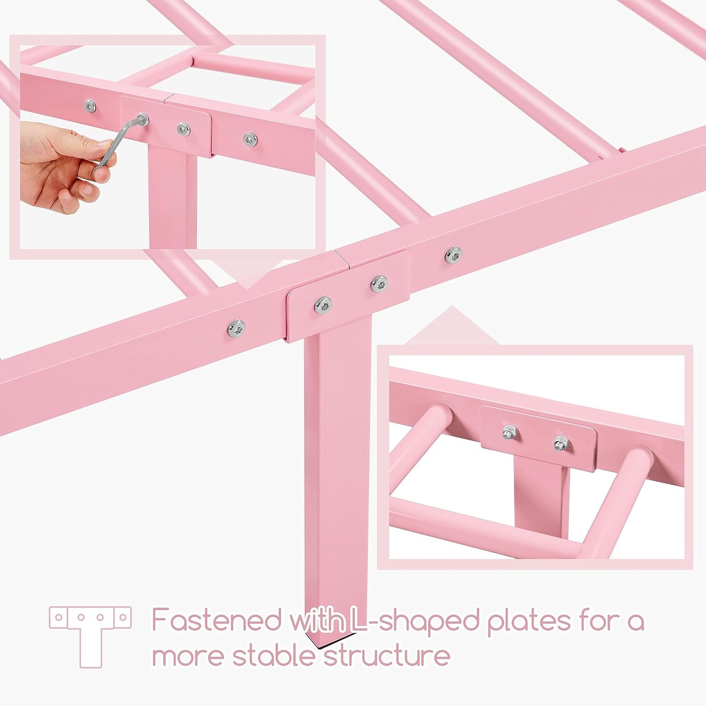 Yaheetech Twin Size Bed Frame Metal Platform Bed Frame Mattress Foundation with Spindle Headboard & Footboard/No Box Spring Needed/14 Inch Underbed Storage/Firm Support & Easy Set up Structure, Pink