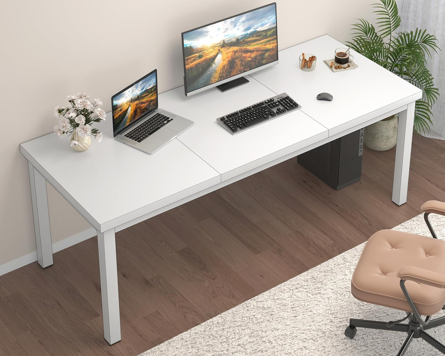 63 Inch Home Office Desk, Modern Desk for 2 Person Kids Student Gaming Computer Table, Long Computer Desk, Simple Office Desk for Work,Craft,Writing,Studying, Etc., White