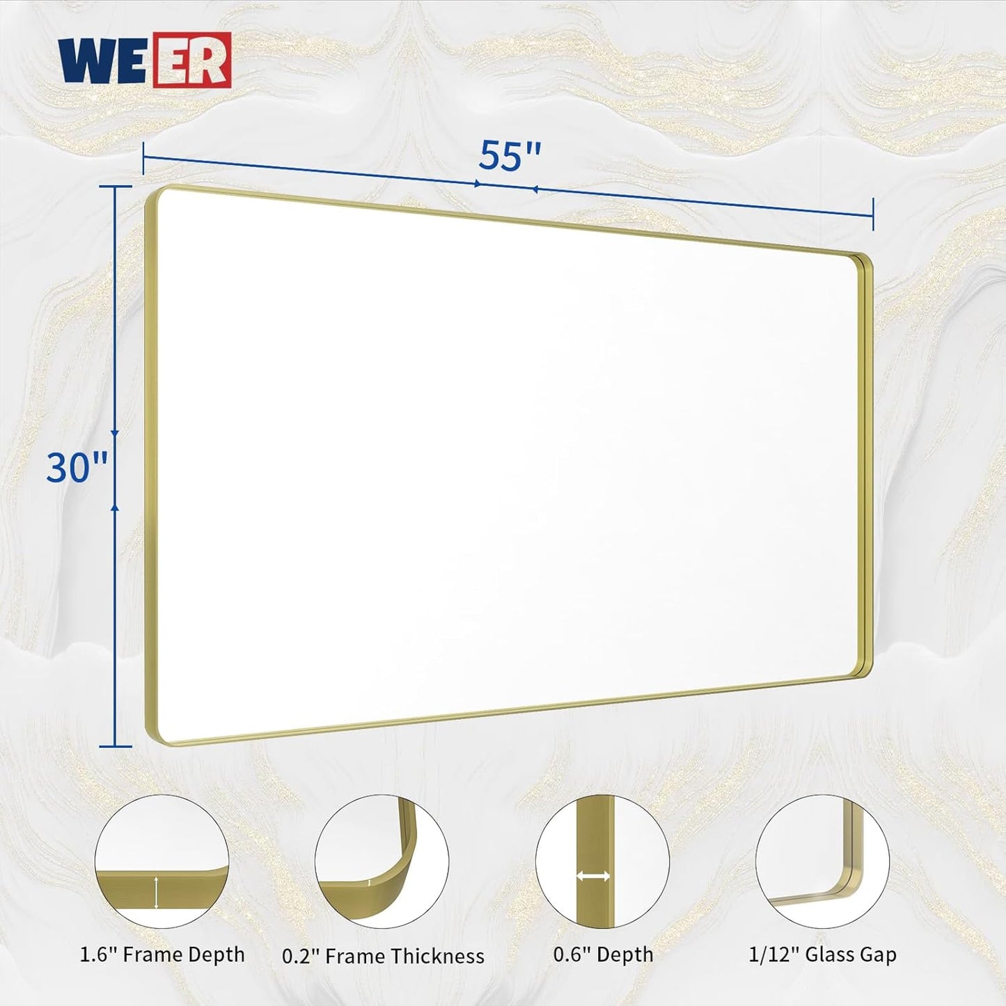 WEER Gold Bathroom Mirror, 55X30 Inch Brushed Gold Metal Frame Mirror, Rounded Rectangle Gold Bathroom Vanity Mirror for Wall, Tempered Glass, Anti-Rust, Hangs Horizontally or Vertically