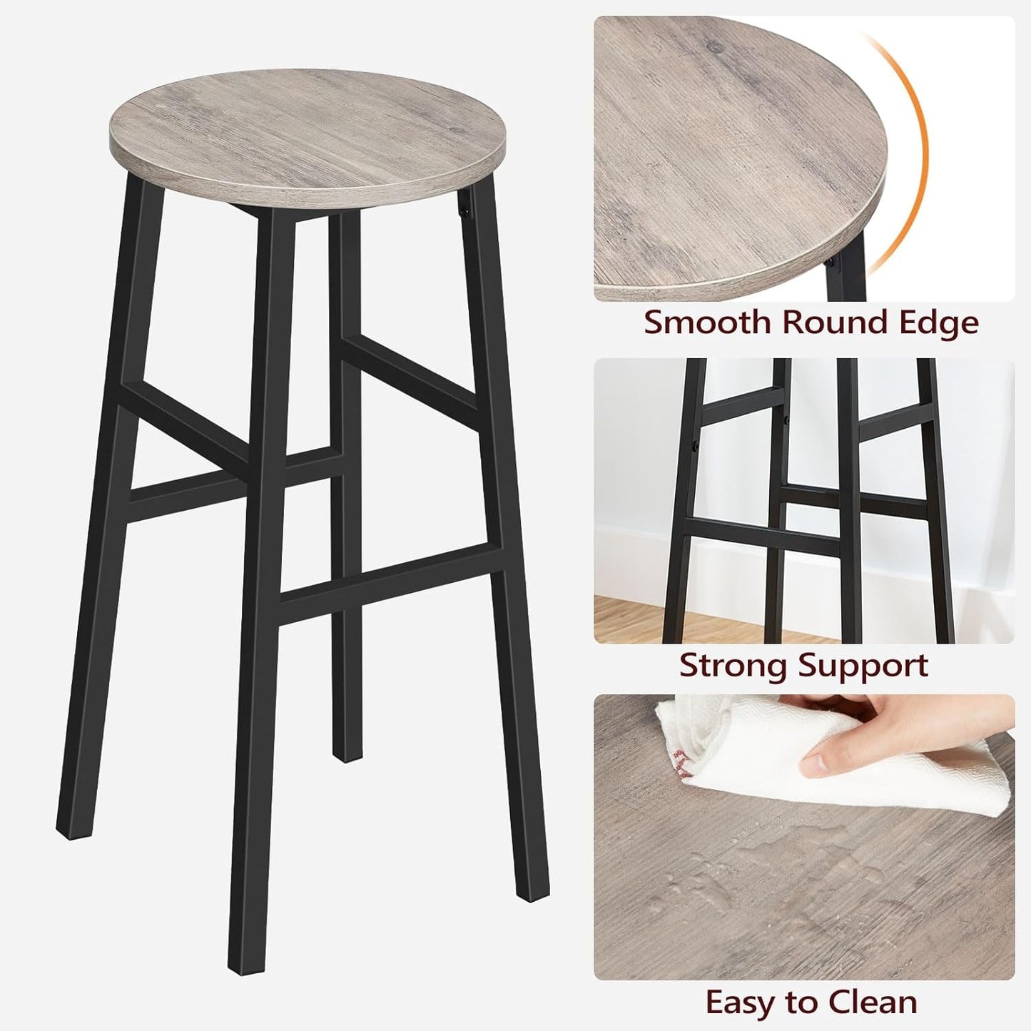 Bar Stools, Set of 2 Round Bar Chairs with Footrest, 28 Inch Kitchen Breakfast Bar Stools, Industrial Stools, Easy Assembly, for Dining Room, Kitchen, Greige BAHG02701