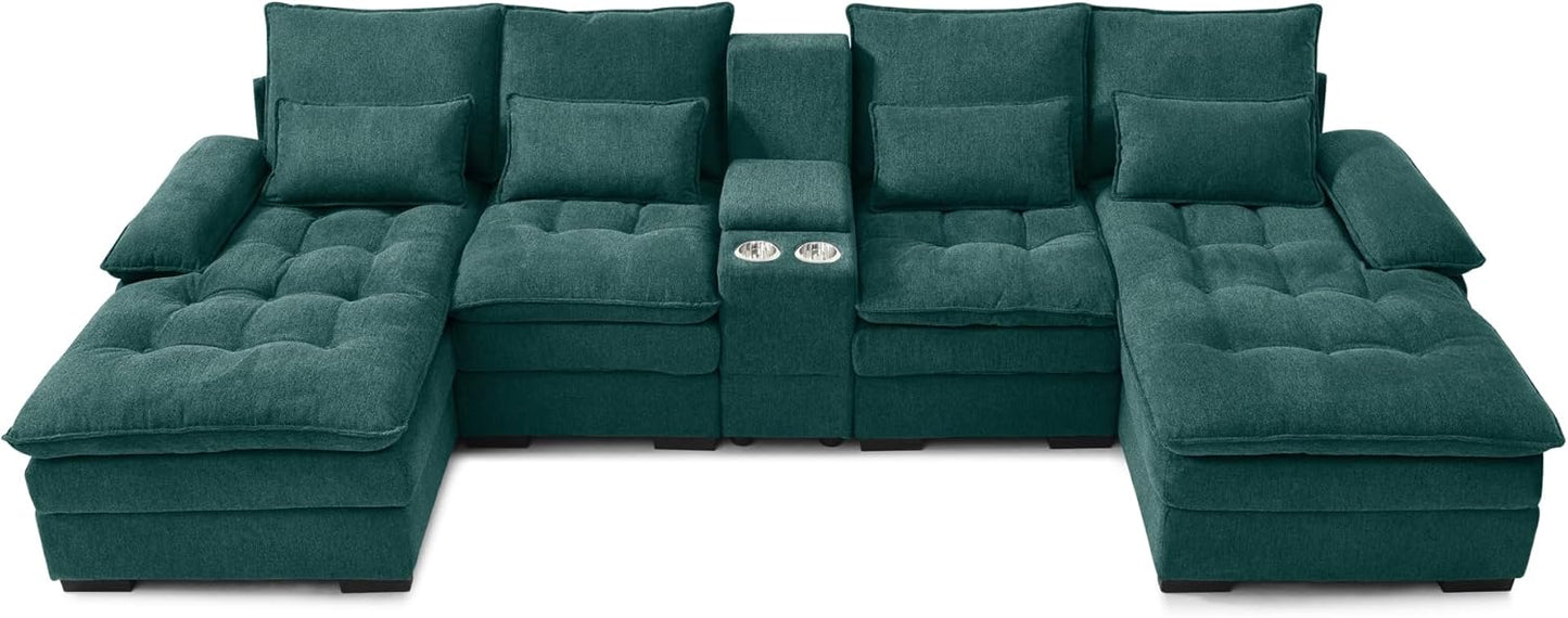 130" U-Shaped Sectional Sofa with Storage Console & Cup Holders, Upholstered 6 Seat Living Room Sleeper Couch Furniture Set w/Chaise, Cloud Cushion Couch for Home, Office, Apartment,Green