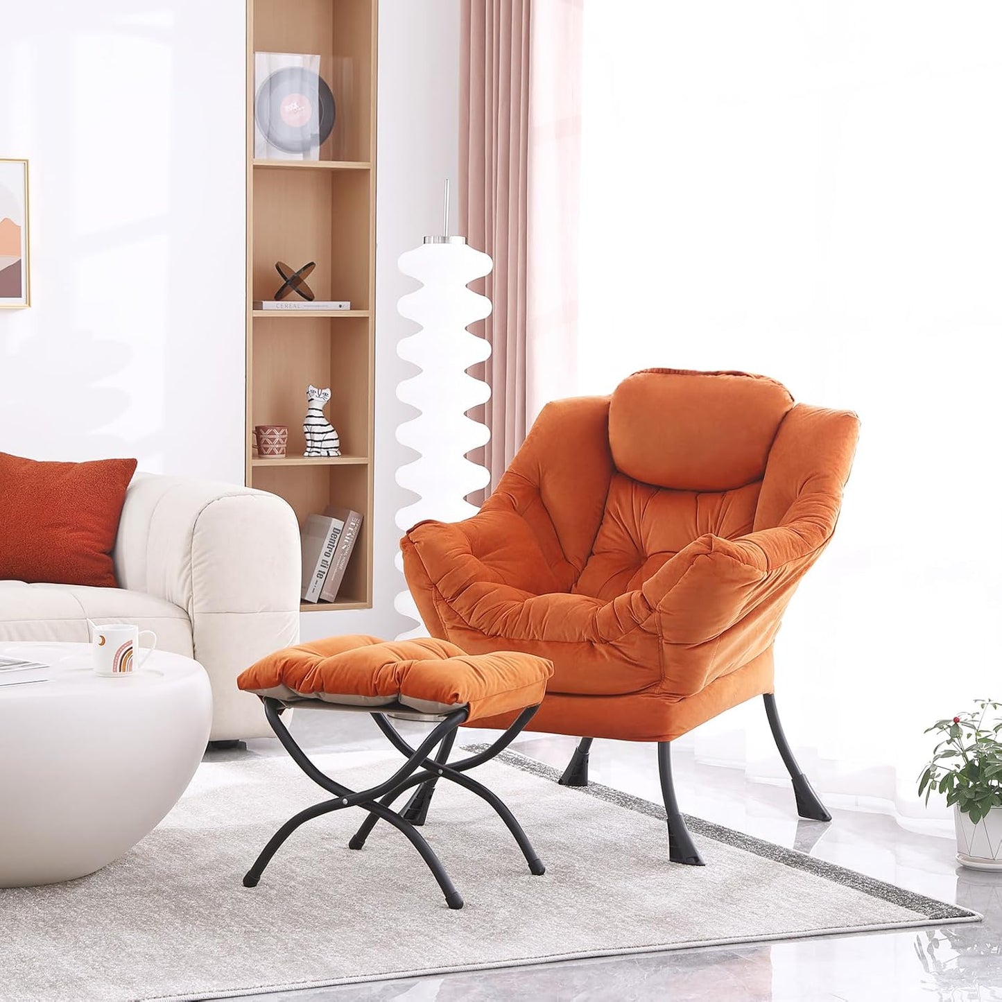 Lazy Chair with Folding Ottoman, Modern Accent Lounge Armchair with Armrests, a Side Pocket & Foldable Footstool, Leisure Reading Chair for Living Room, Bedroom, Dorm & Office, Velvet Orange