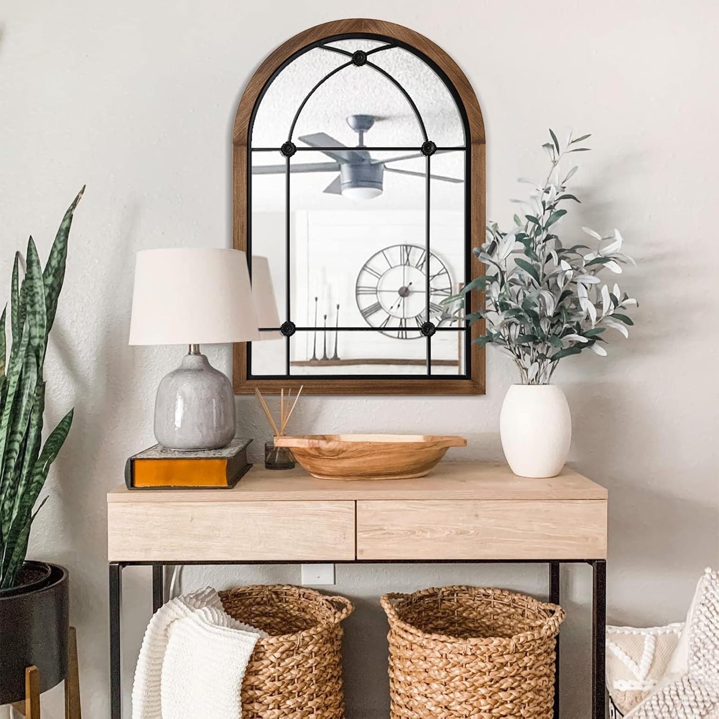 blue page Arched Mirror, Farmhouse Wall Decor Accent, Rustic Wood Framed Mirror Like Window for Bathroom, Bedroom, Entryway, or Living Room