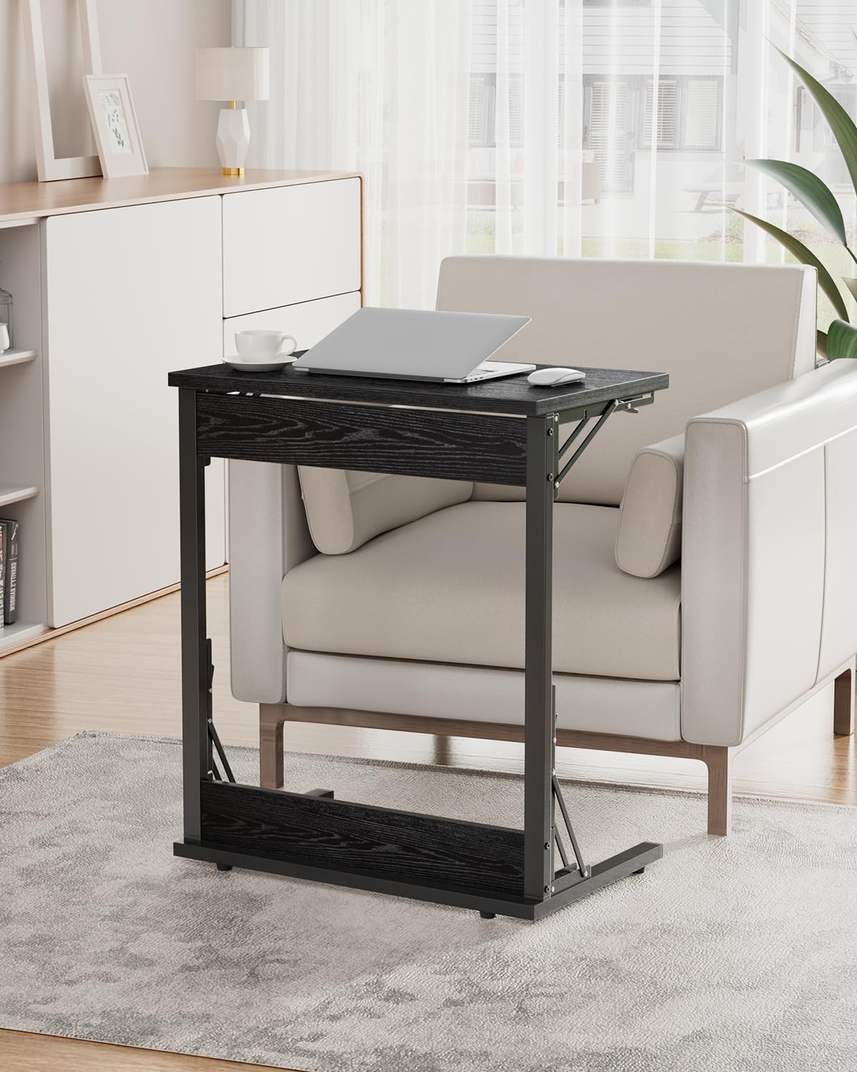 Tatub Folding TV Tray Table Set of 2, 24" Wide C-Shaped End Table for Couches, Small Sofa-Side Laptop Desk with Metal Frame for Living Room, Bedroom, Dark Black