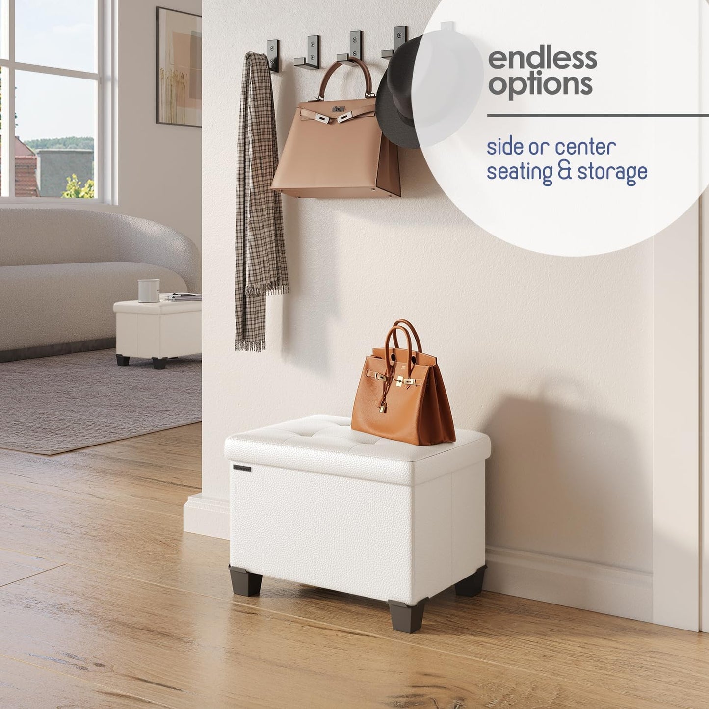 STORAGEBUD Storage Ottoman Cube with Small Bin, 16-in Square Ottoman with Storage for Living Room and Bedroom, Small Ottomans Foot Rest, Faux Leather Foot Stools Ottomans Max 330lbs, Cream